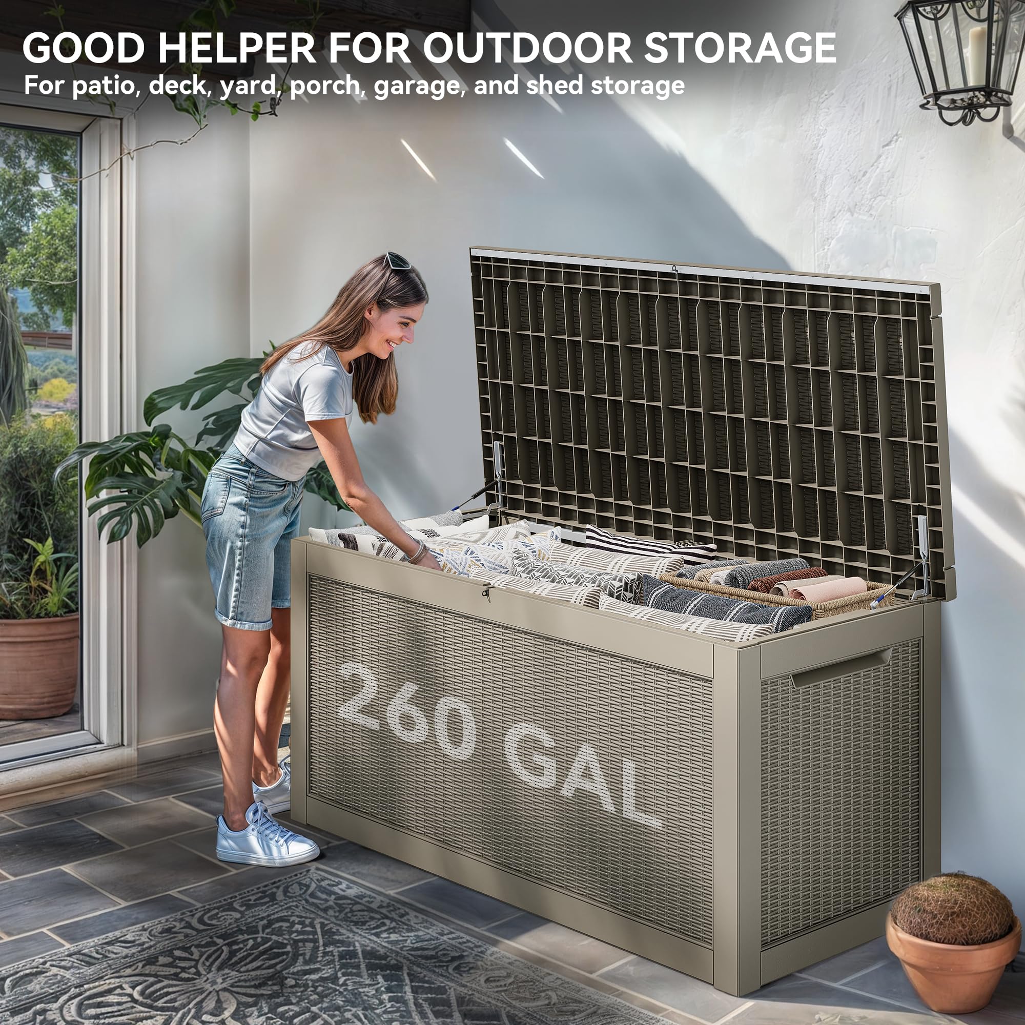 YITAHOME XXL 260 Gallon Large Outdoor Deck Box - Waterproof Lockable Resin Storage Container for Patio Furniture, Garden Tools, Cushions & Pool Accessories - Weatherproof Rattan Design for Backyard, Deck & Garden Storage (Brown)