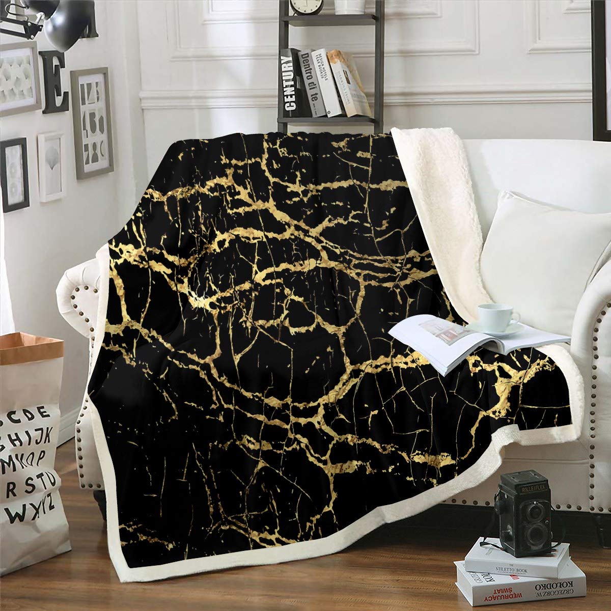 Luxury Marble Print Fleece Throw Blanket - Black & Gold Sherpa Blanket 87x95 Inches, Ultra Soft Plush Blanket for Sofa, Couch & Bed, Modern Home Decor, Perfect for Winter Nights & Cozy Living Room