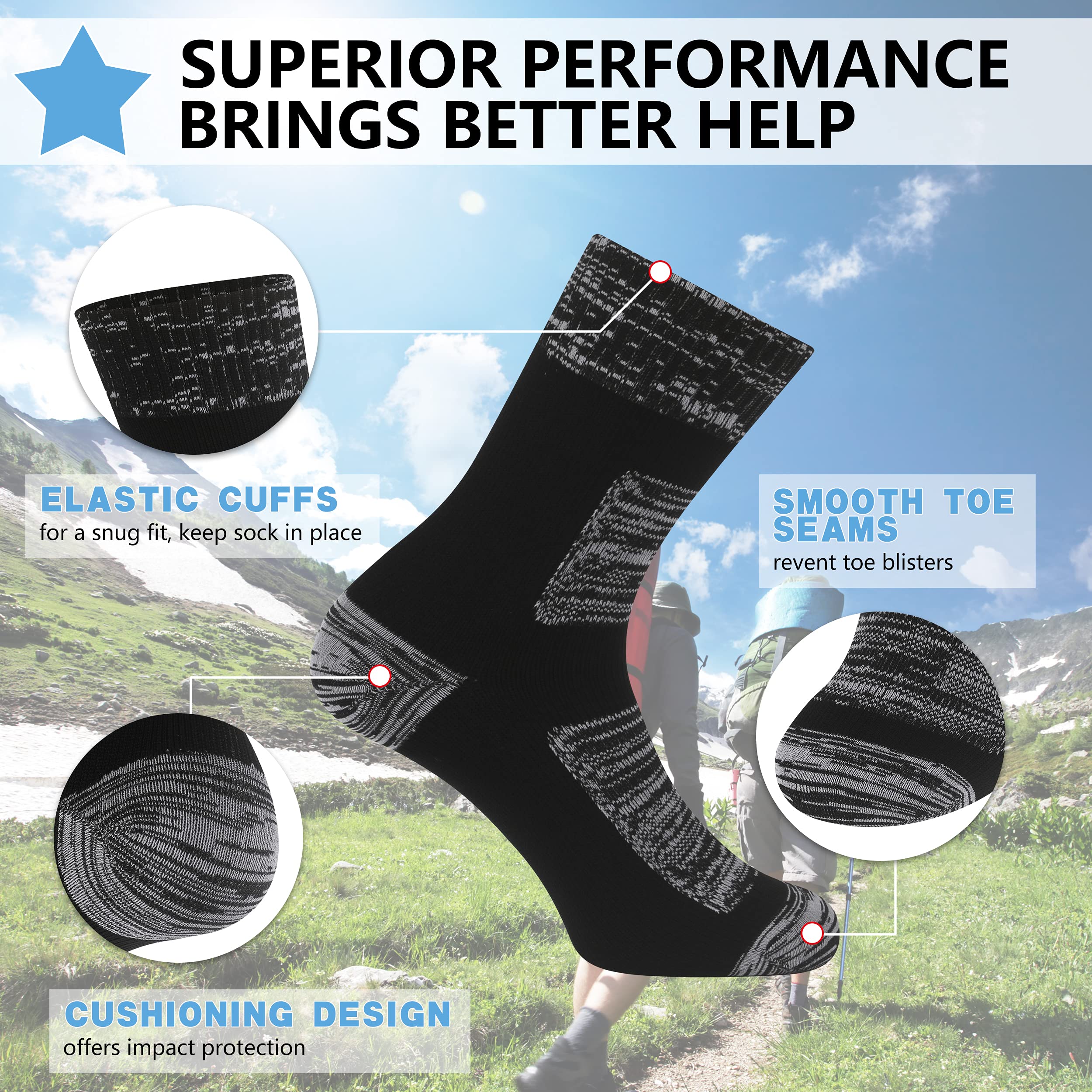 Waterproof Socks for Men & Women - Breathable Cushioned Outdoor Sports Socks for Hiking, Running, Skiing & Wading - All-Weather Crew Boot Socks for Cold & Wet Conditions