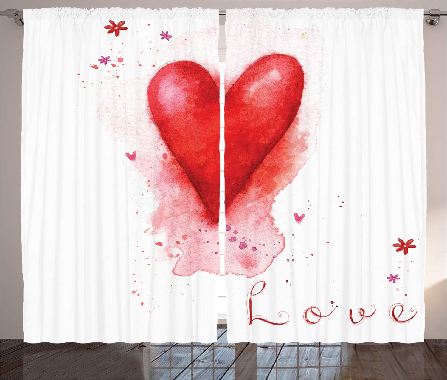 Ambesonne Bohemian Love Curtains - Watercolor Heart Design with Splash Elements, Floral Print Window Drapes for Living Room & Bedroom, 2 Panel Set (108