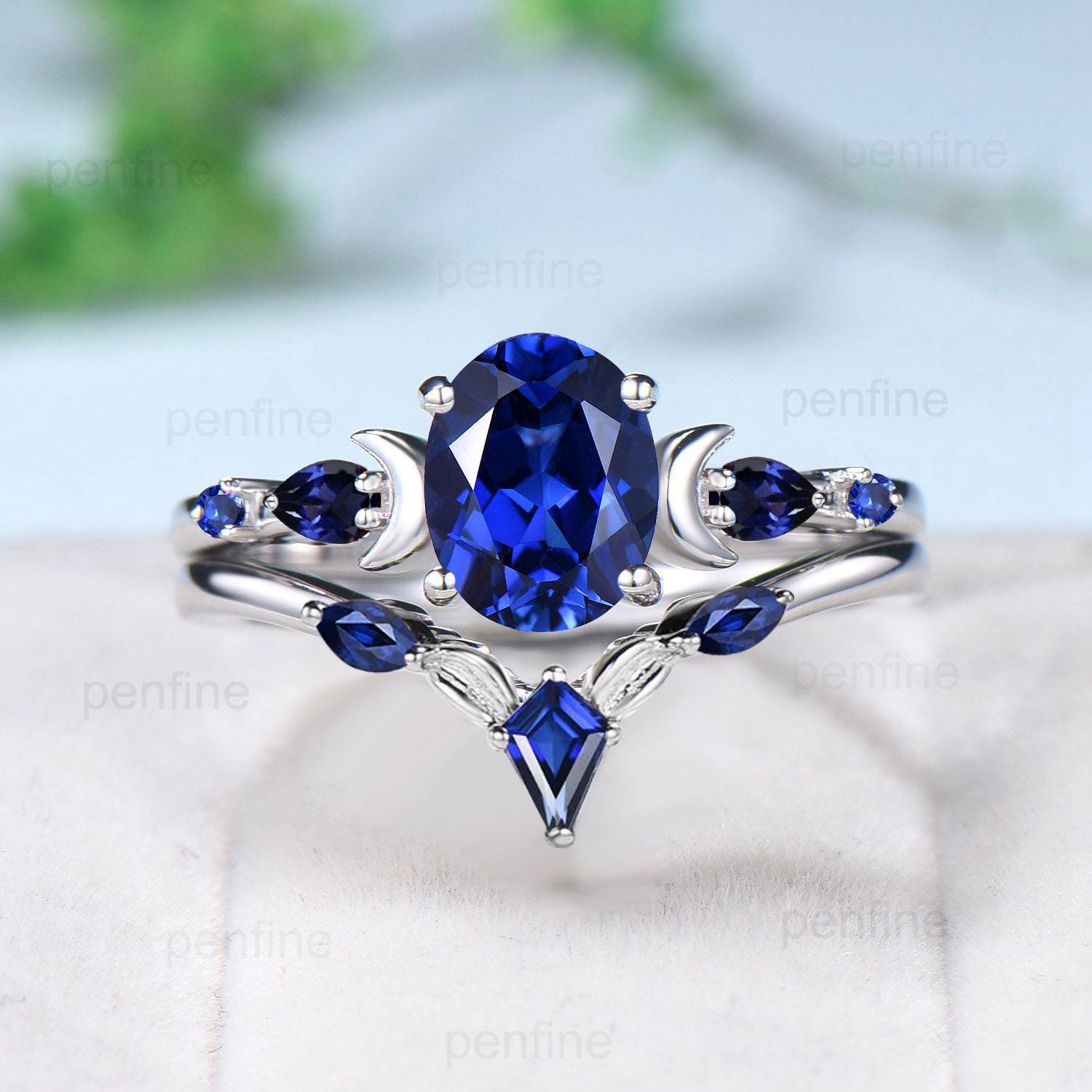 1.5 Carat Oval Blue Sapphire Engagement Ring Set - Vintage Five Stone Moon Design in Elegant White Gold with Pear Sapphire Wedding Band - Perfect for Proposals, Anniversaries & Bridal Jewelry