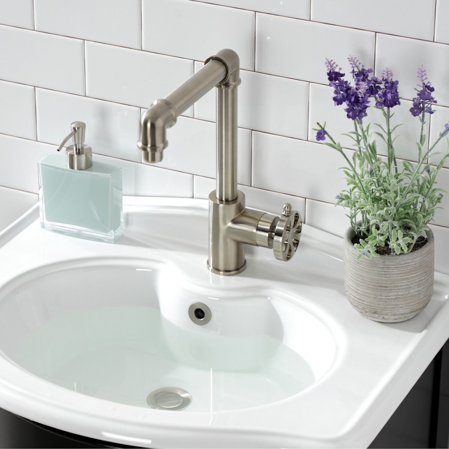 Belknap KS144RXBN Single Handle 1-Hole Bathroom Sink Faucet with Push Pop-Up Drain - Brushed Nickel Finish for Modern Vanity & Powder Room Installation