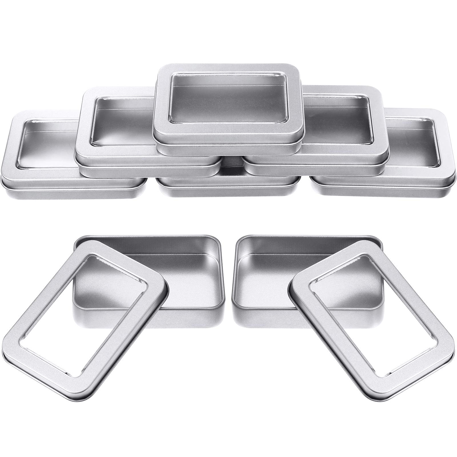 8-Piece Silver Metal Tin Boxes with Clear Top Lids - Empty Rectangle Storage Containers for Candles, Candies, Gifts, Balms & Treasures | Perfect for DIY Crafts, Wedding Favors, Party Decor & Home Organization