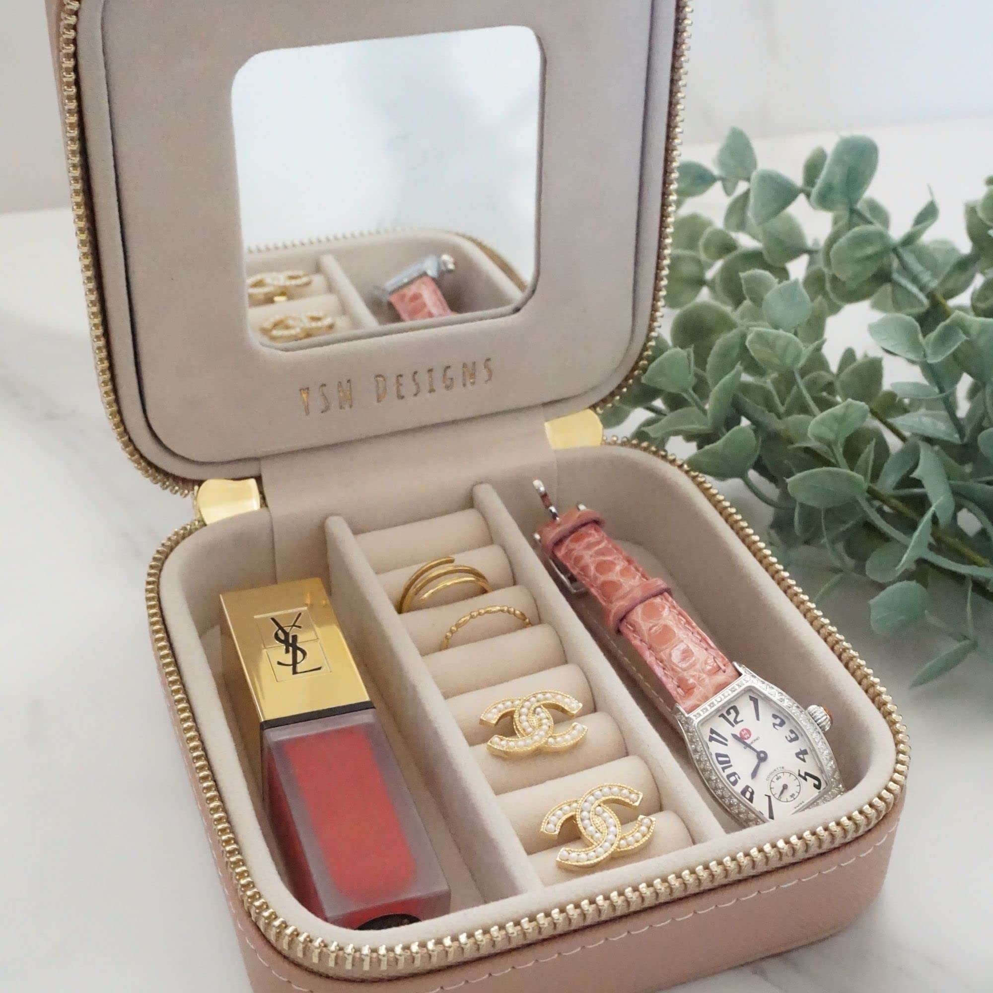 YSM Designs Travel Jewelry Organizer Box - Portable Jewelry Case for Women with Mirror | Compact Earring & Necklace Storage | Beige Jewelry Box for Travel, Vacation & Daily Use