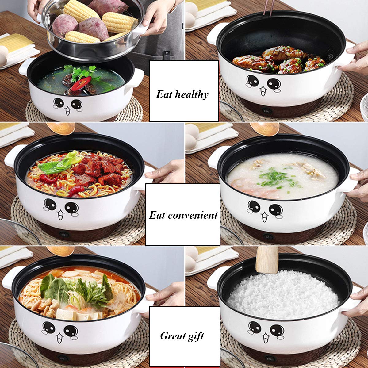 110V Electric Skillet with Lid - 4-in-1 Multifunction Non-Stick Stainless Steel Hot Pot for Cooking Noodles, Rice, Steamed Eggs & Soup | Mini Heating Pan for Frying, Perfect for Dorm, Office & Small Kitchen Use