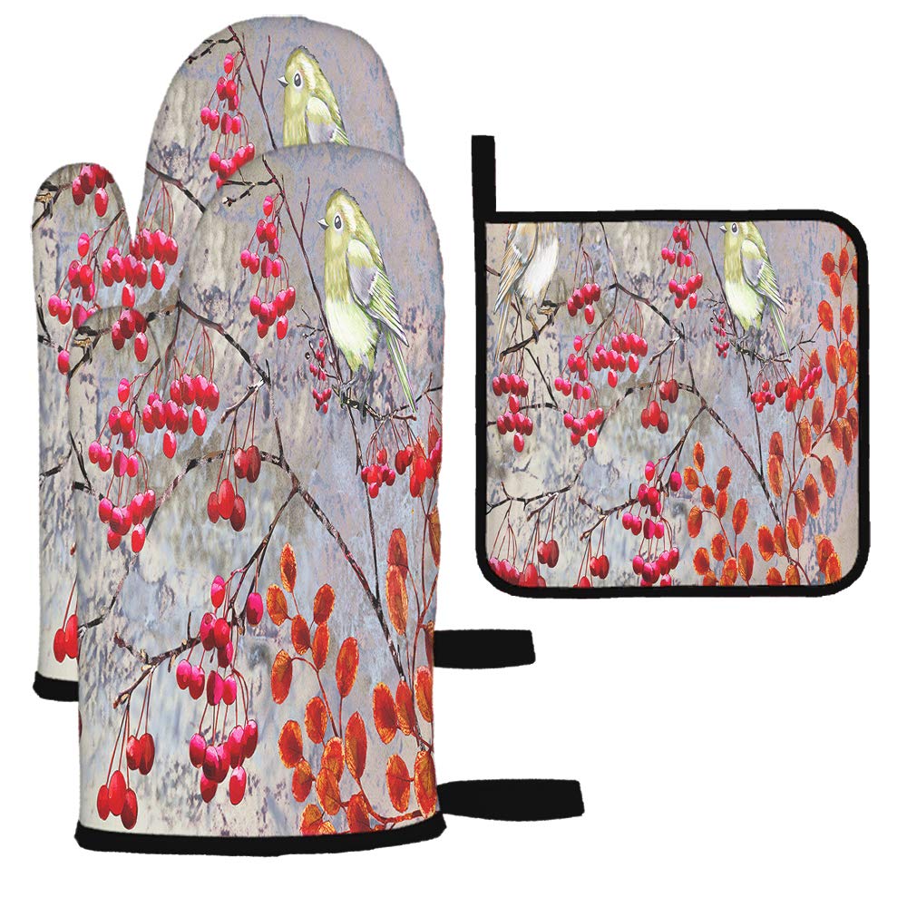 Moslion Birds Oven Mitts and Pot Holders Set - Red Berries Tree Branches Cute Animal Design, Heat Resistant BBQ Gloves for Baking, Grilling & Cooking - Perfect Kitchen Accessories for Home Chefs & Holiday Gifts