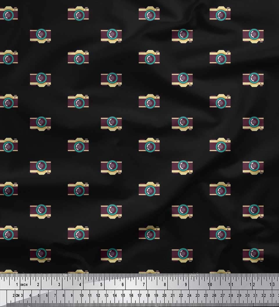 Soimoi Black Polyester Crepe Fabric by The Yard - 42 Inch Wide Camera Print Travel Shirting Material for Photography Enthusiasts - Perfect for DIY Shirts, Dresses, and Photography-Themed Fashion Projects
