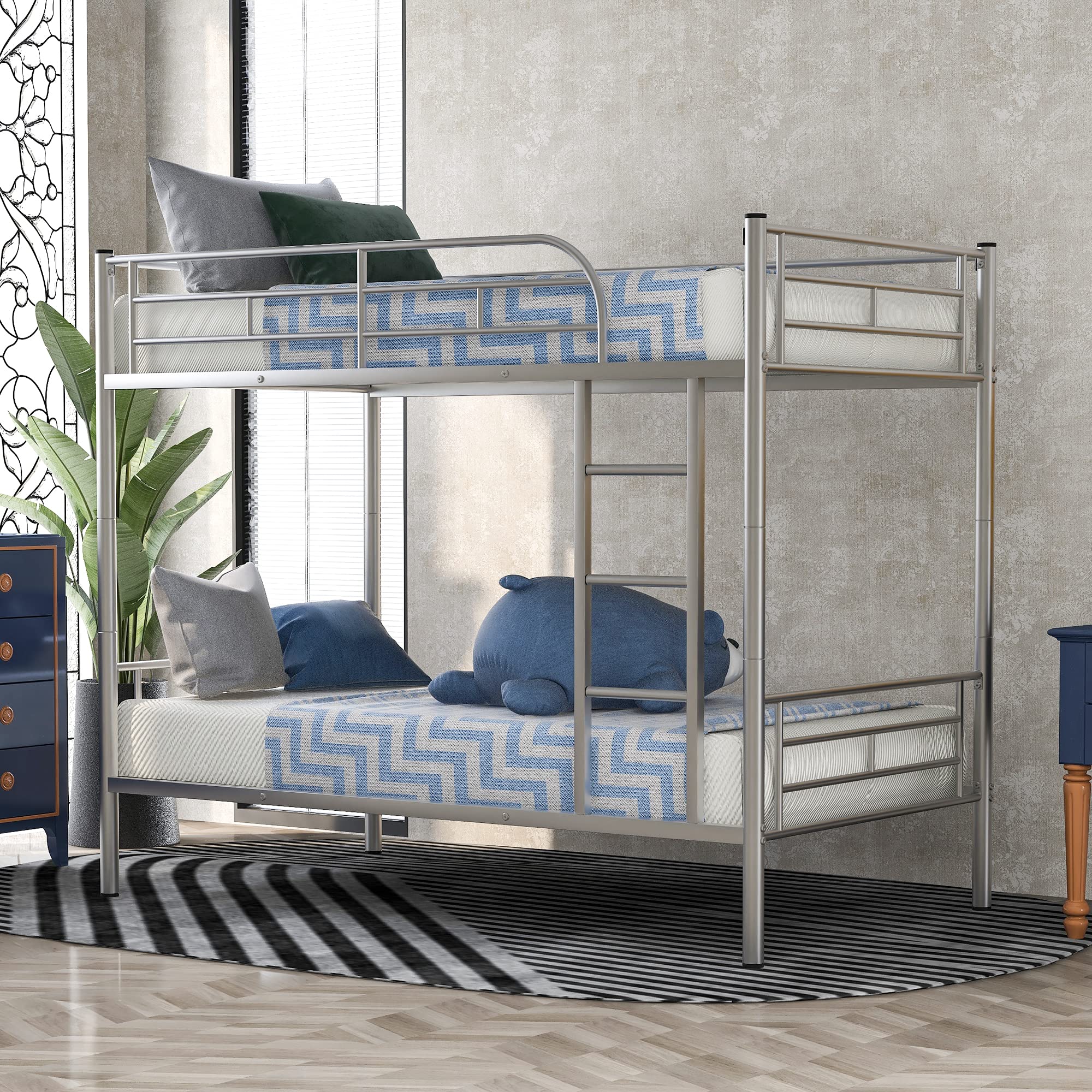 Majnesvon Twin Over Twin Metal Bunk Bed with Ladder & Safety Rail - Convertible to 2 Separate Beds | Space-Saving Kids & Guest Room Solution