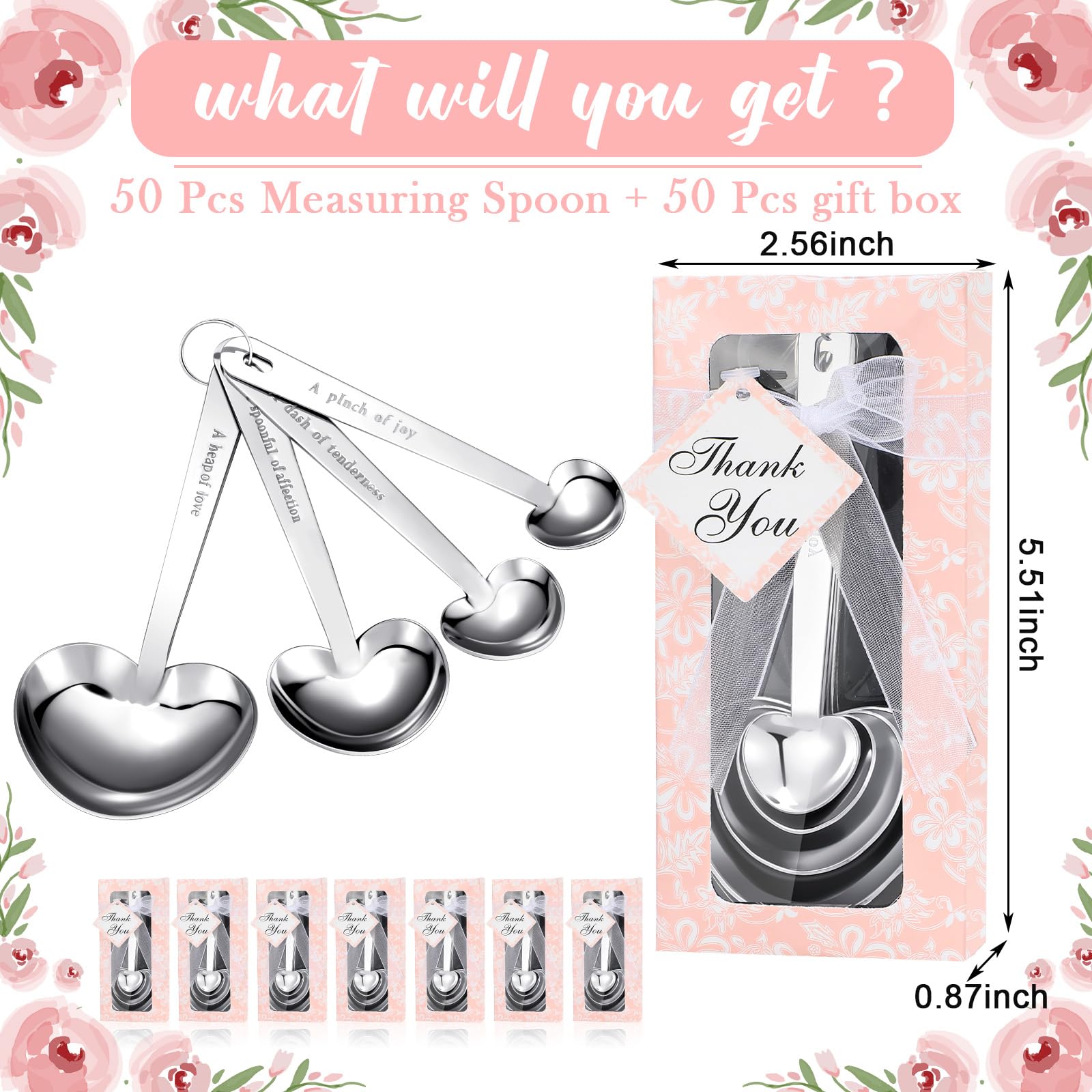 50 Pcs Heart Shaped Stainless Steel Measuring Spoons Set - Perfect for Baking, Cooking & Measuring - Ideal as Bridal Shower Favors, Wedding Party Gifts, Baby Shower Souvenirs & Birthday Presents - Individually Packed (Pink)