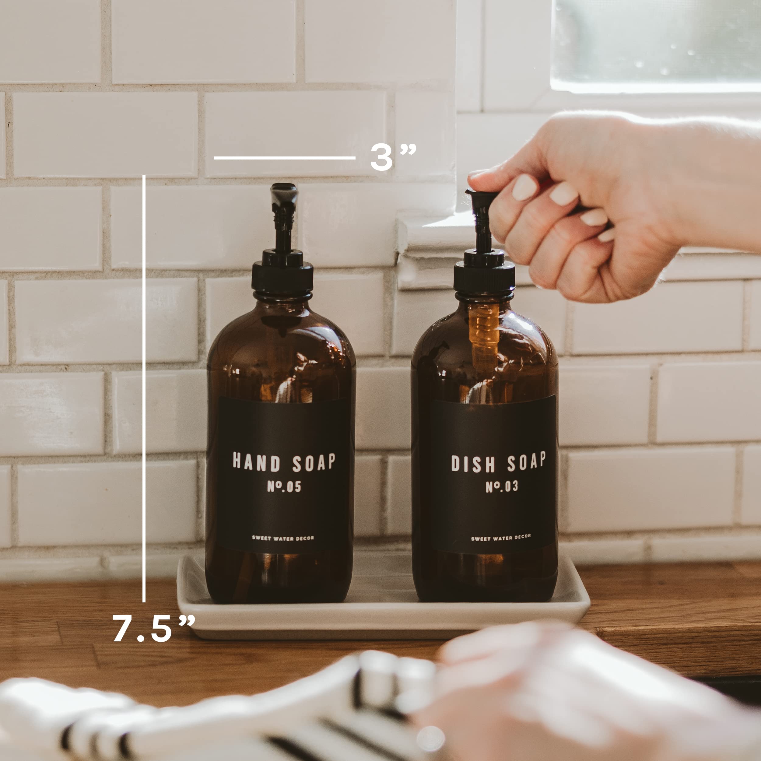 Sweet Water Decor 16 oz Clear Plastic Refillable Body Wash Dispenser with Pump - Rustic Modern Farmhouse Style - Waterproof White Label with Black Text - Perfect for Bathroom, Kitchen, or Gift Giving