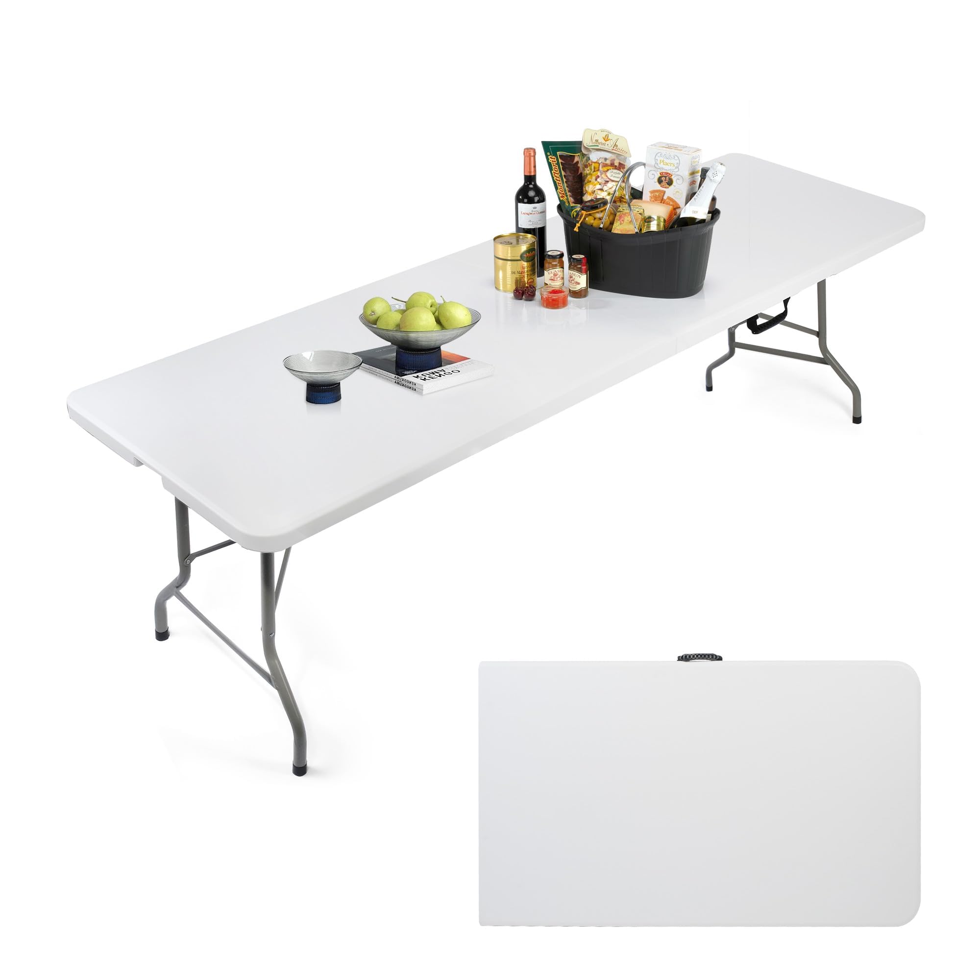 8FT Heavy Duty Folding Table - Portable Indoor Outdoor Camping Party Table with HDPE Tabletop & Carrying Handle - White - Perfect for BBQs, Picnics, Tailgating and Outdoor Events