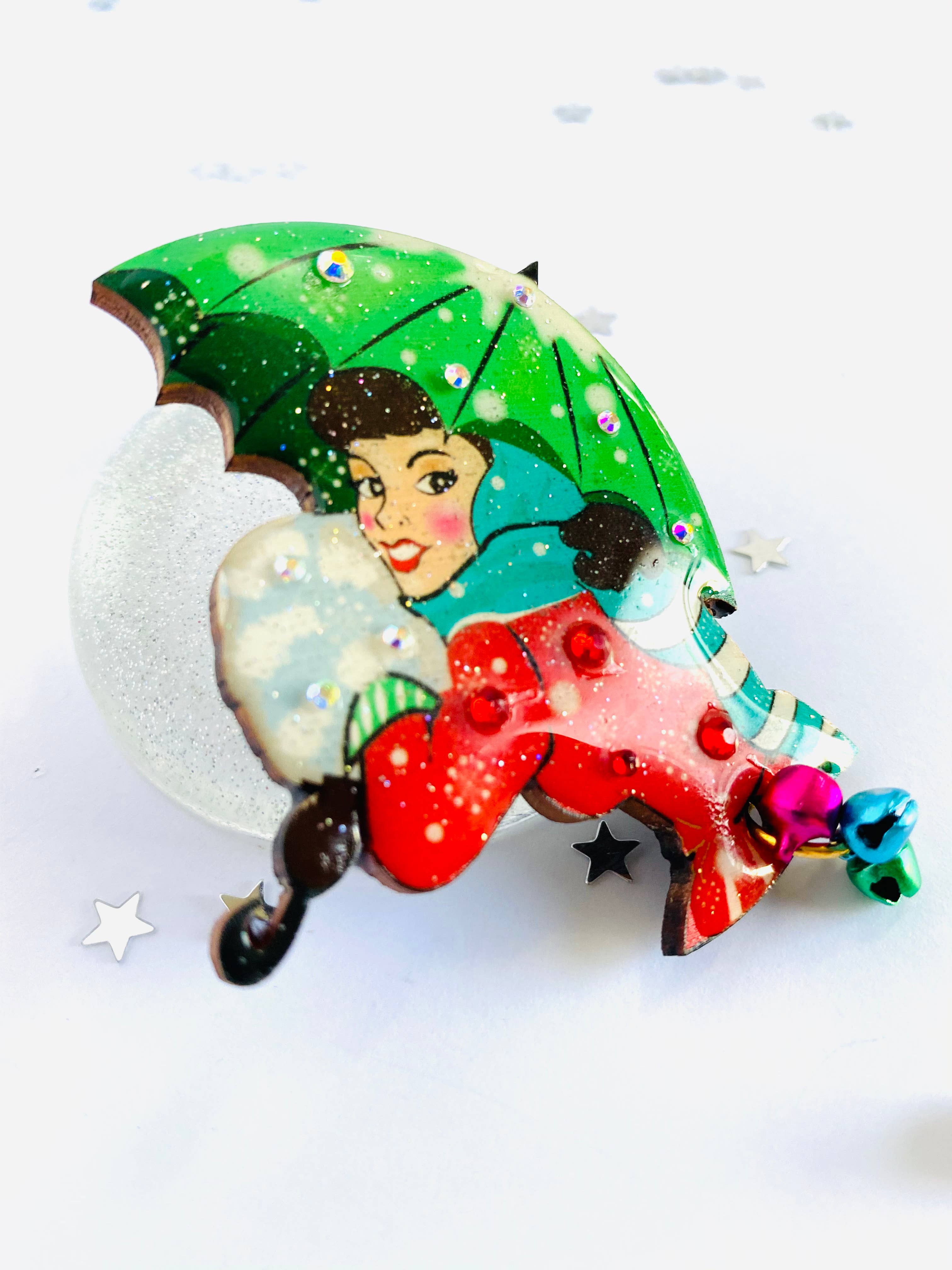 Christmas Umbrella Brooch by Rosie Rose Parker - Festive Holiday Jewelry for Women, Elegant Pin for Winter Coats, Scarves & Christmas Sweaters