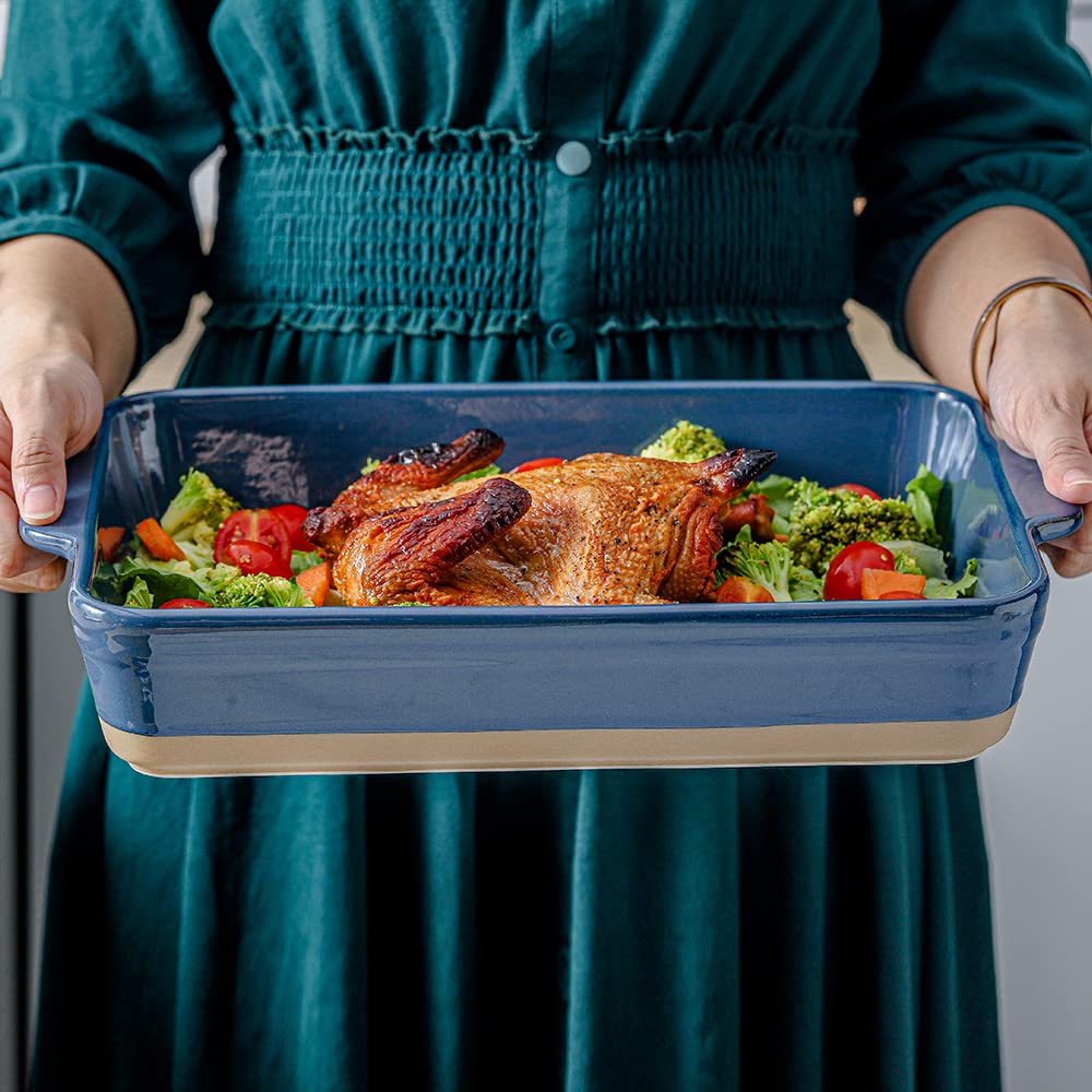 HVH 3-Piece Ceramic Baking Dish Set - 9x13 Inch Deep Casserole Pan, Lasagna Dish & Rectangular Bakeware - Farmhouse Style Blue Ceramic Cookware for Oven, Microwave & Dishwasher Safe - Perfect for Casseroles, Lasagna, Roasts & Holiday Meals
