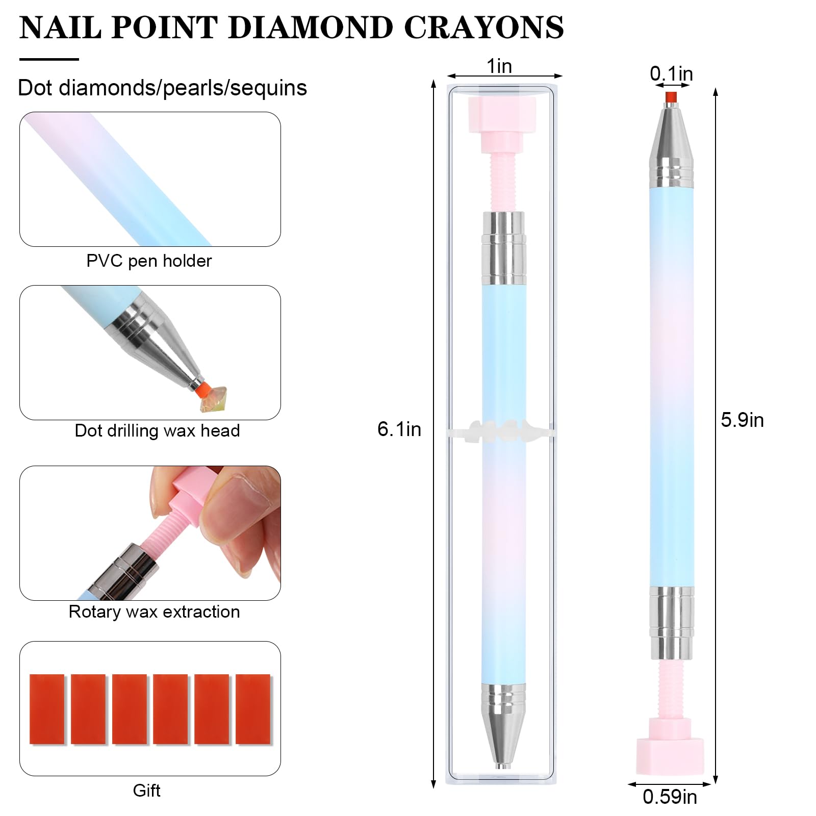 Rhinestone Wax Pencil & Nail Dotting Tool Set - 6 Extra Wax Tips & 5 Dual-Ended Dotting Tools for Crystal Beads, Manicure, Nail Art DIY - Perfect for Professional Salons & Home Nail Decoration (Blue)