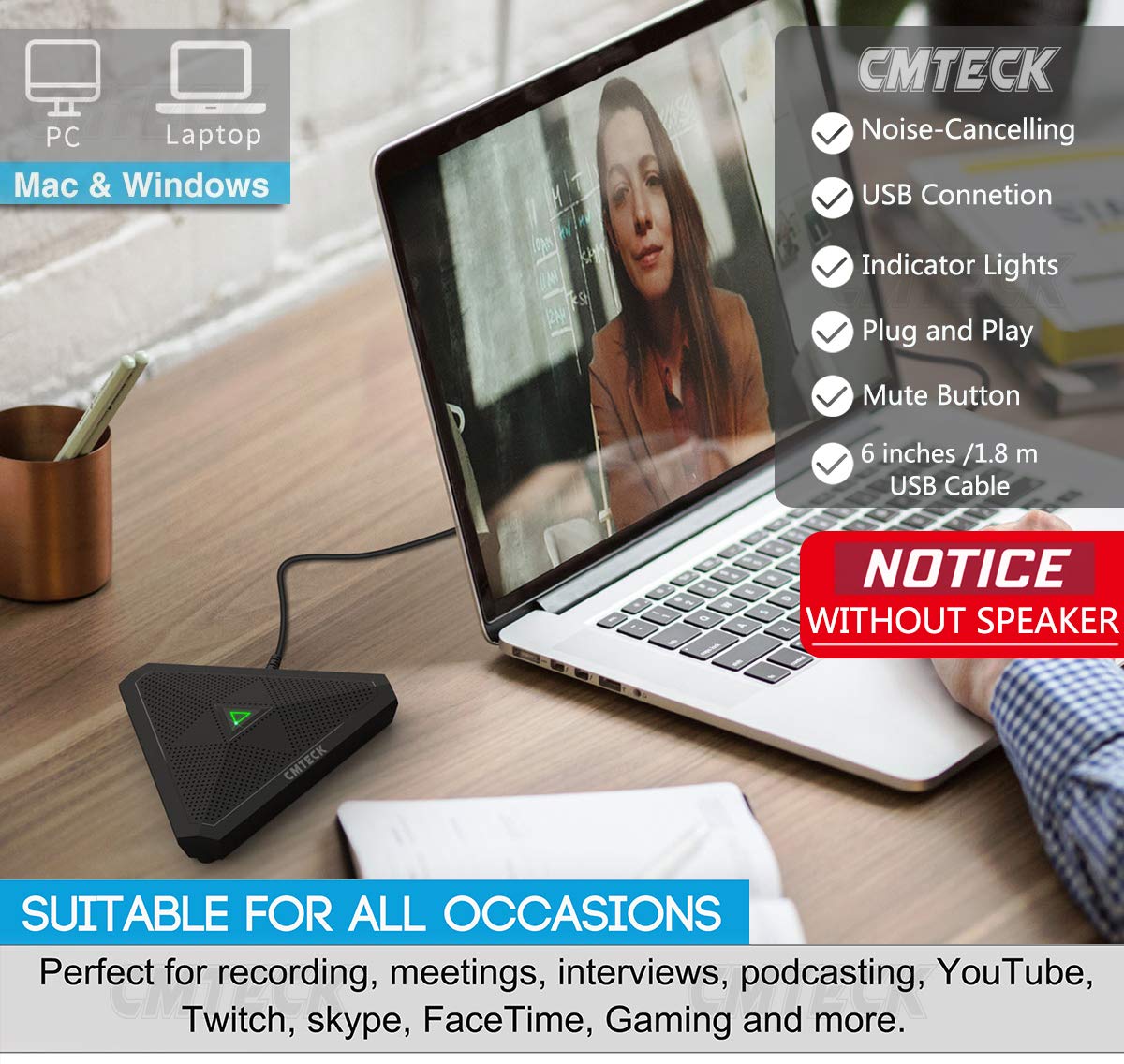 CMTECK Conference USB Microphone with Mute Button - Omnidirectional Condenser Boundary Mic for Professional Recording, Live Streaming, Gaming & Skype Calls (Windows/macOS Compatible) - Perfect for Home Office, Podcasting & Online Meetings