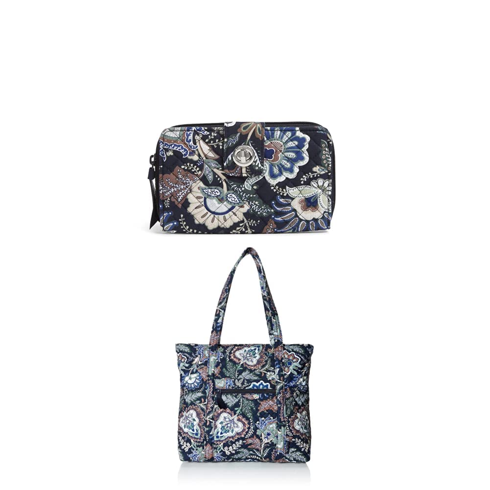 Vera Bradley Women's RFID Blocking Turnlock Wallet & Cotton Tote Handbag Set - Java Navy Camo - Recycled Cotton - Perfect for Travel, Work & Everyday Use