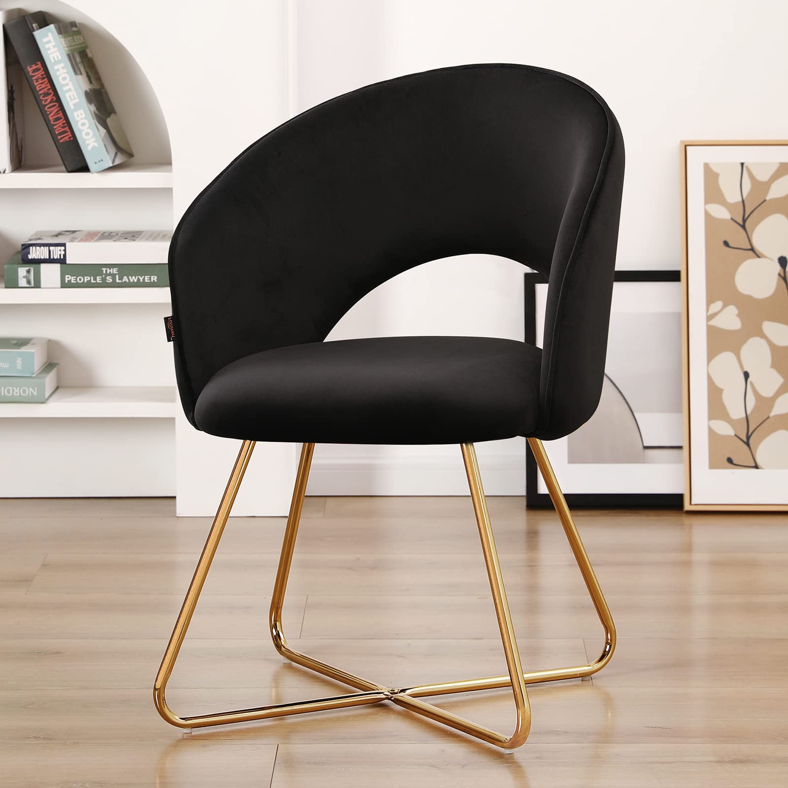 Furnimart Modern Velvet Accent Chair - Curved Mid-Back Black Vanity Chair with Gold Plated Legs for Bedroom, Living Room & Dining Room | Luxurious Seating for Home Décor, Makeup Vanity & Relaxation (Black)
