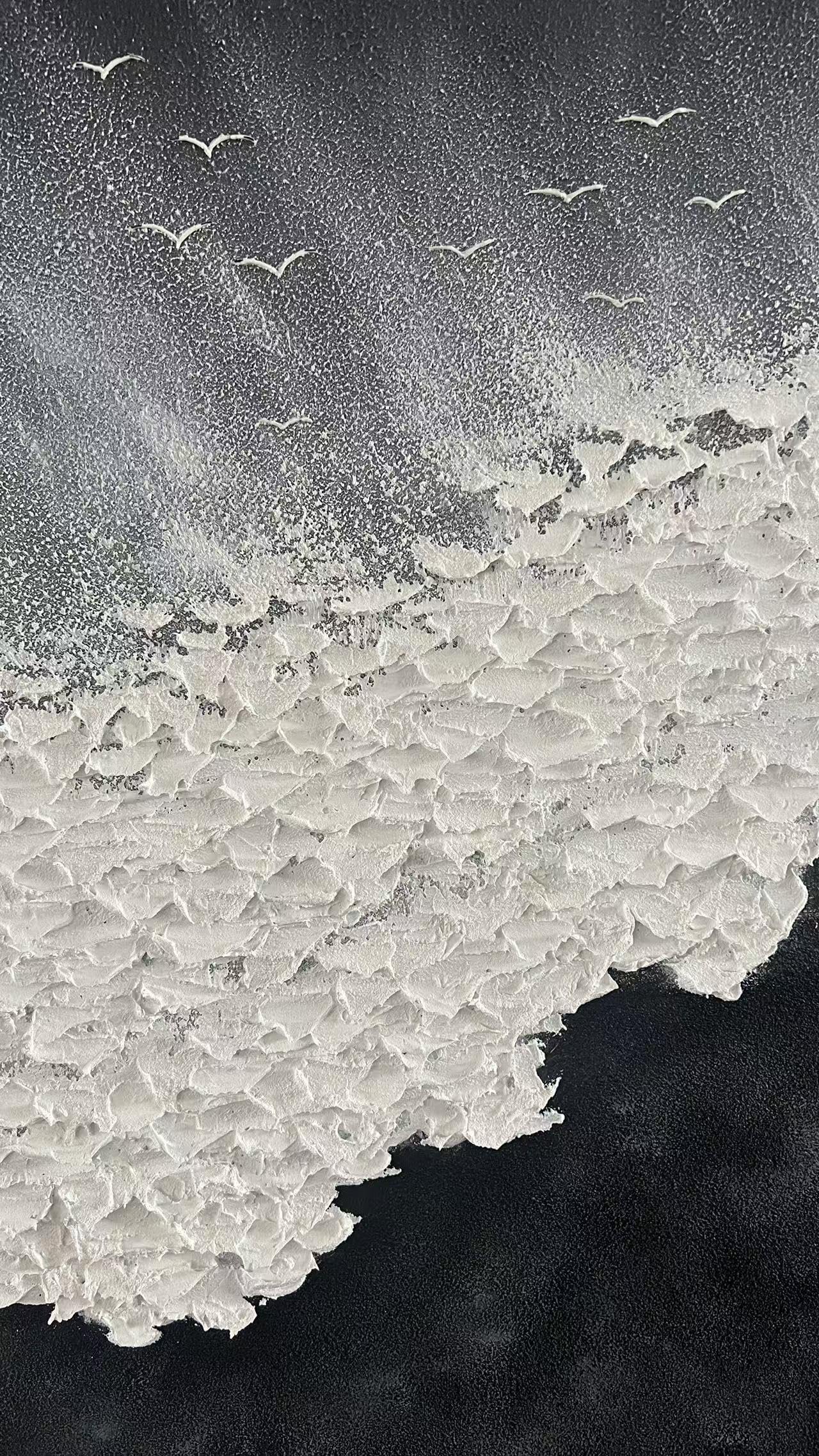 YaSheng Hand-Painted Abstract Oil Painting - Thick Texture Black & White Sea Wave Wall Art, Modern Minimalist Home Decor (24x36 Inch) for Living Room, Bedroom, Dining Room & Office Spaces