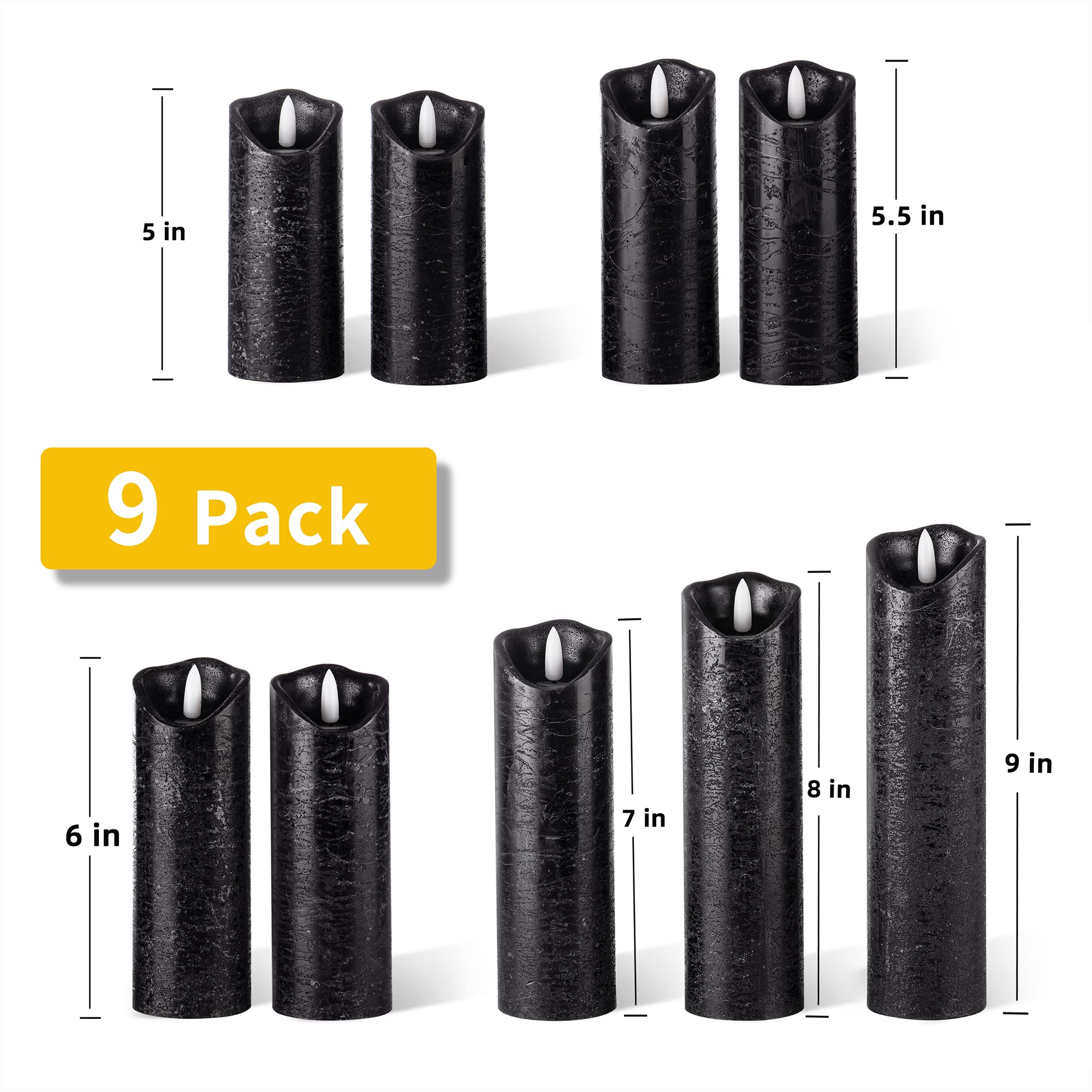 Set of 9 Black Real Wax Flameless LED Candles with Remote Control & Timer - Battery Operated Flickering Electric Candles for Wedding, Birthday, Halloween, Christmas Decorations - Perfect for Home, Party, and Holiday Ambiance