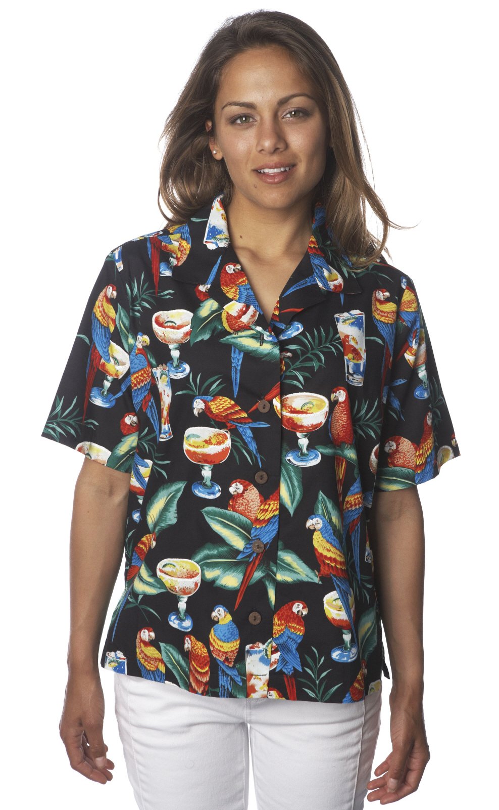 Benny's Women's Parrots & Margaritas Hawaiian Shirt | Tropical Floral Print Short Sleeve Button-Up | Perfect for Beach Vacation, Luau Party & Summer Outfits