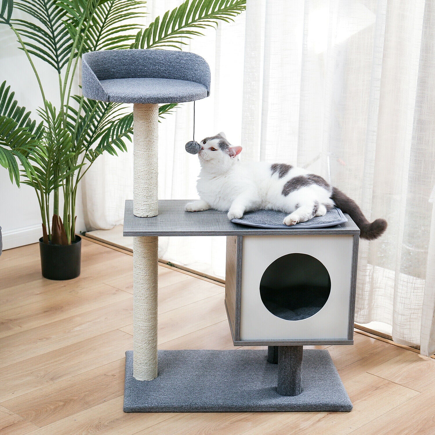 Premium Grey Wooden Cat Gym House Post - Durable Scratching Post & Play Tower for Indoor Cats - Perfect for Small Spaces & Cat Exercise