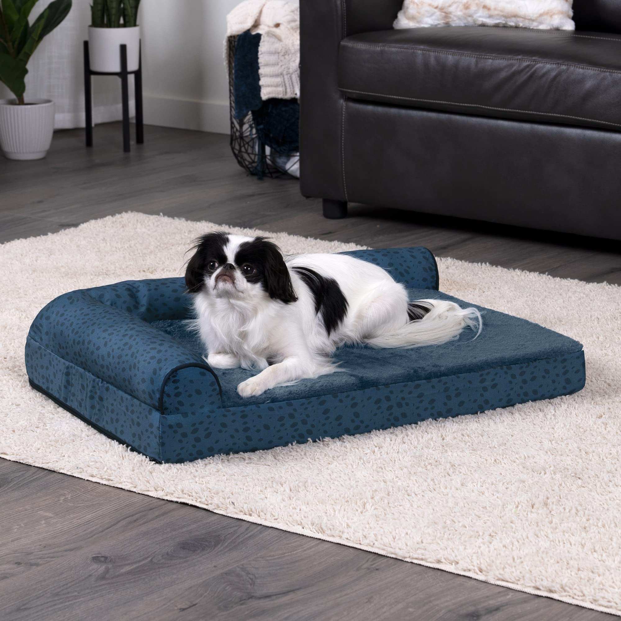 Furhaven Orthopedic Dog Bed for Small & Medium Dogs - Plush & Almond Print L-Shaped Chaise with Removable Bolsters & Washable Cover - Supports Up to 35 lbs - Blue Almonds (Medium) - Perfect for Crate Training, Arthritis Relief & Cozy Napping Spots