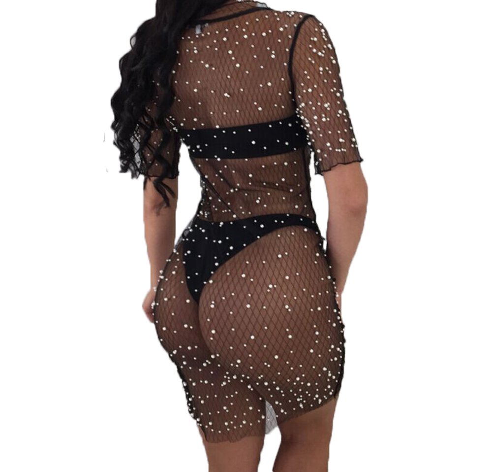 Sexy Women's Sequins See-Through Mesh Bikini Cover Up Dress - Short Sleeve Beach Swimsuit Cover-up for Pool Party & Summer Vacation