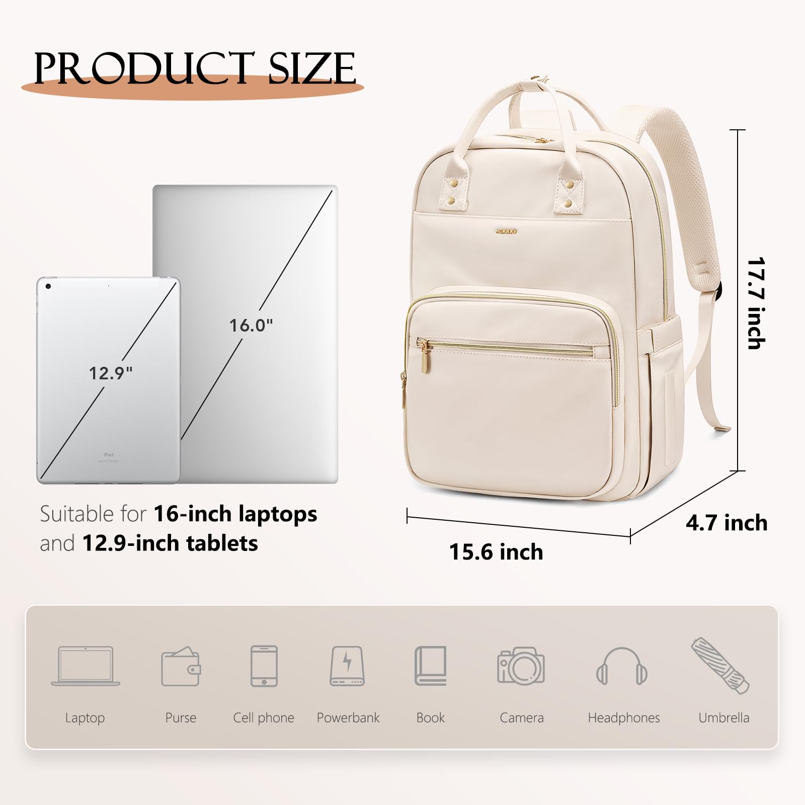 Waterproof 16 Inch Laptop Backpack for Women - Stylish Teacher & Nurse Work Bag with Dedicated Laptop Compartment - Perfect for College, Office, Travel & Daily Commute (Beige) | Ideal for Professionals, Students & Frequent Travelers