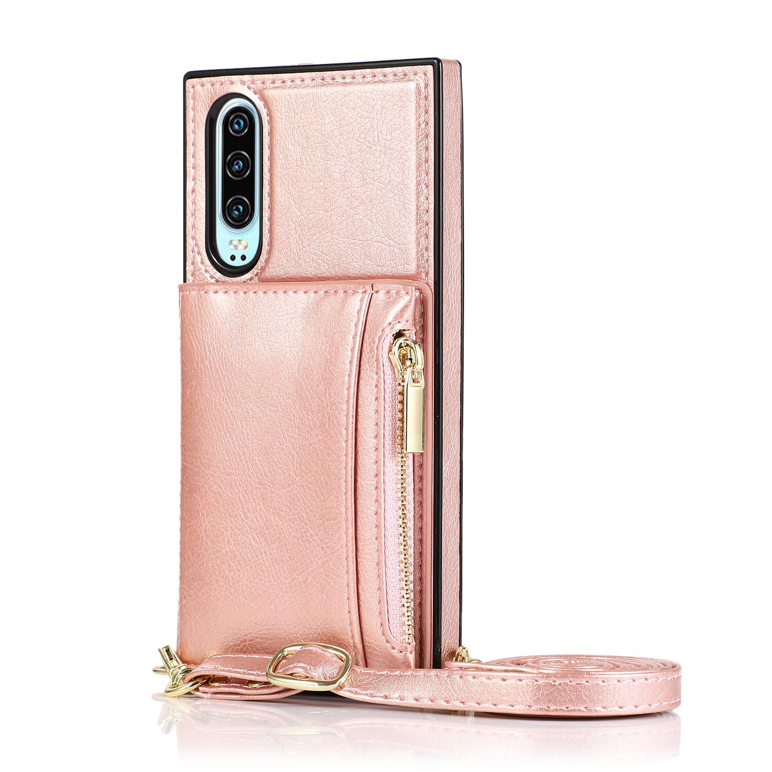 Premium Leather Wallet Case for Huawei P40 Lite with Card Holder, Kickstand & Adjustable Crossbody Strap - Shockproof Drop Proof Bumper Protective Cover (Rose Gold) - Perfect for Travel, Shopping & Everyday Use