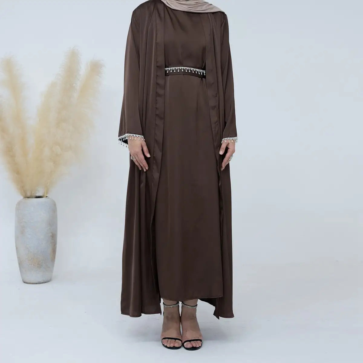 Elegant 2-Piece Modest Fashion Set - Crystal Belt Open Abaya with Sleeveless Inner Dress | Perfect for Eid, Ramadan & Special Occasions