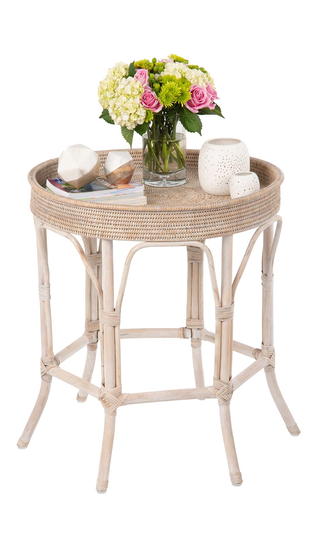 Kouboo La Jolla Rattan Round Side Table and End Table, White-Washed Finish - Perfect for Patio, Living Room, and Bedroom Decor
