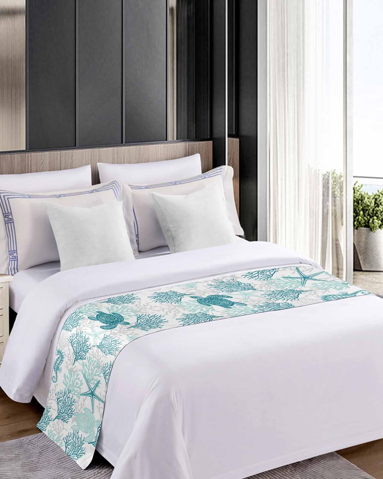 Turquoise Coastal Bed Runner for Full/Queen Size Bed - 83x20 Inch Nautical Sea Turtle Design Bedspread Protector, Slipcover & Bed Scarf - Perfect for Beach House, Hotel Rooms, Wedding Decor & Summer Bedroom Styling