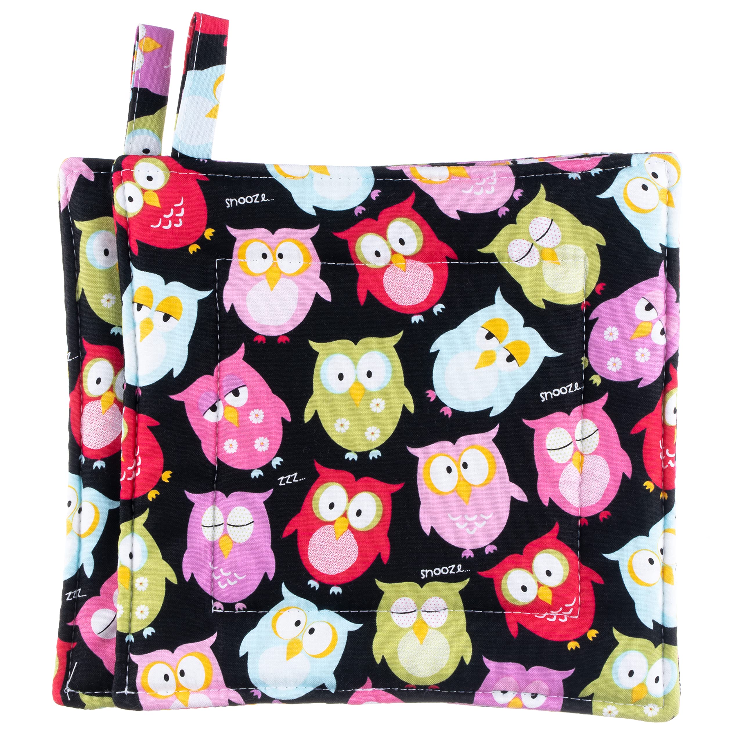 Bright Owls Pot Holder Set - 2 Quilted Heat Resistant Kitchen Potholders for Cooking, Baking & Decor | Cute Owl Design Oven Mitts for Women & Home | Perfect Housewarming & Holiday Gift Idea for Kitchen Lovers