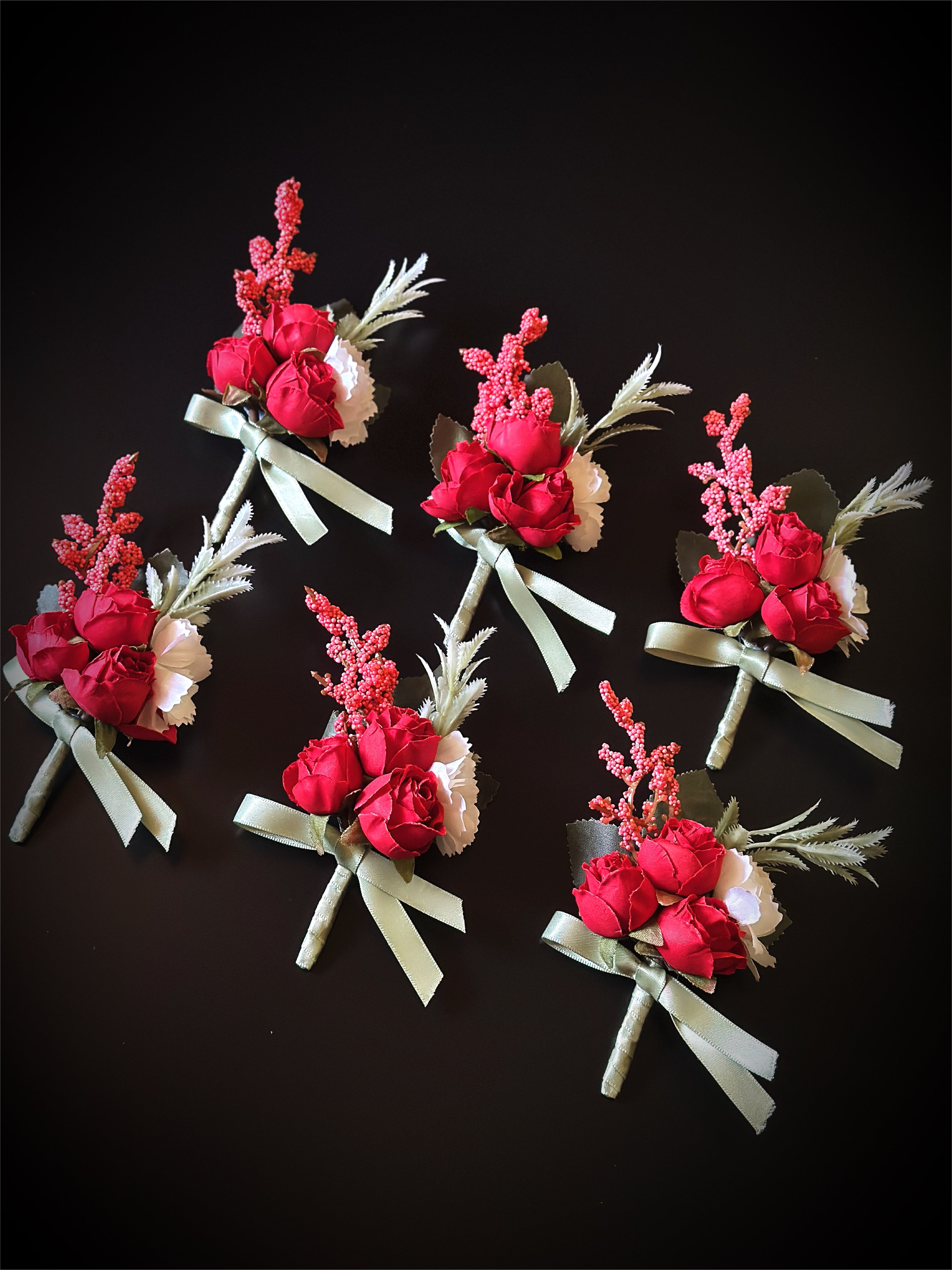 6-Piece Wedding Boutonniere Set - Red, Green & White Floral Pins for Groom, Groomsmen & Bridal Party - Perfect for Weddings, Prom & Formal Events