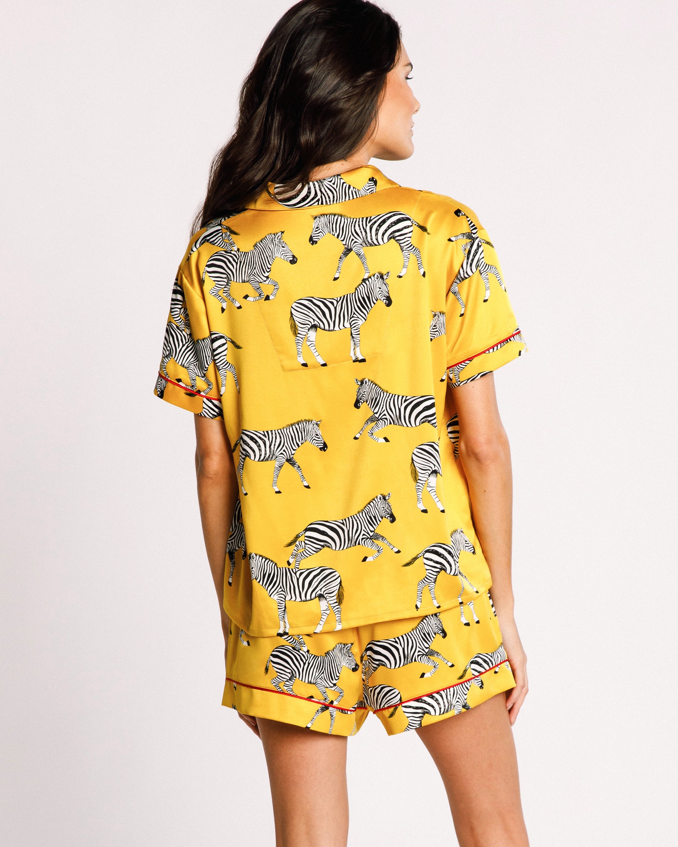 Satin Zebra Print Short Pajama Set for Women - Mustard Yellow - Comfortable Sleepwear for Lounge & Bedtime