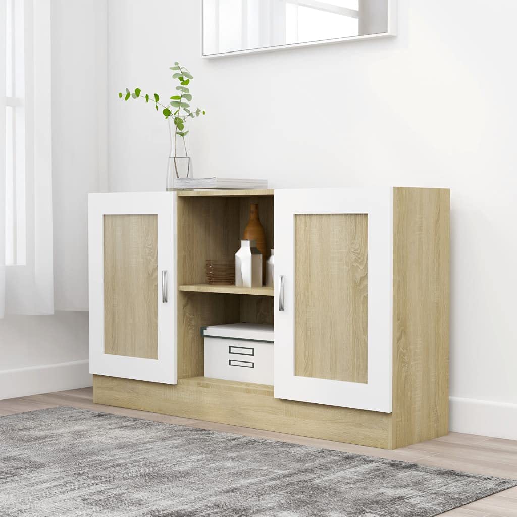 Modern Kitchen Sideboard with 2 Doors & 6 Compartments - White & Sonoma Oak Storage Cabinet for Living Room & Dining Room (120x30.5x70cm) - Perfect for Organizing Dishes, Linens & Home Decor