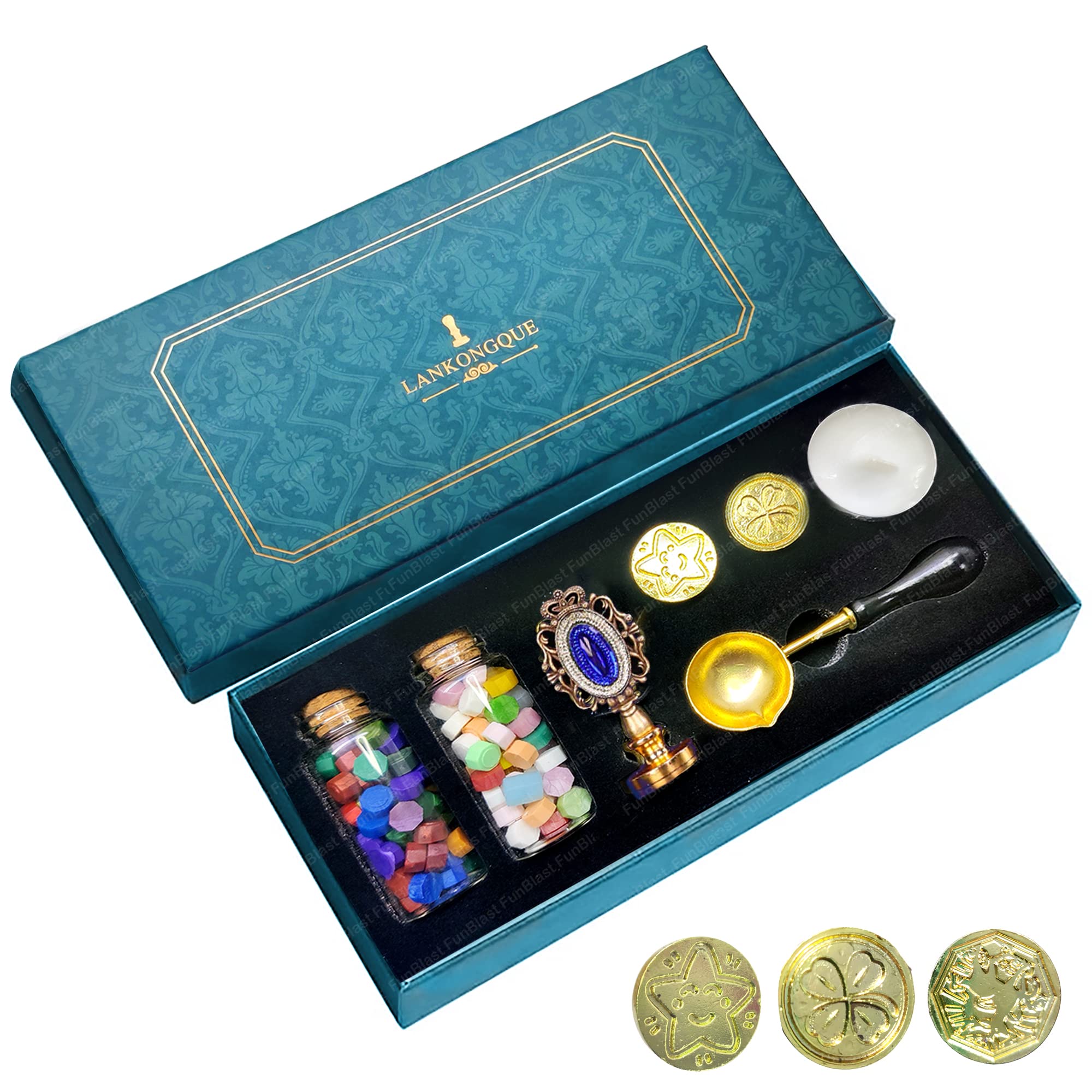 FunBlast Wax Seal Kit with 3 Stamp Designs – Vintage Wax Seal Stamp Set with Melting Spoon & Tea Candles for Letters, Invitations, Wedding Envelopes – Perfect for DIY Crafts, Vintage Correspondence & Special Occasions