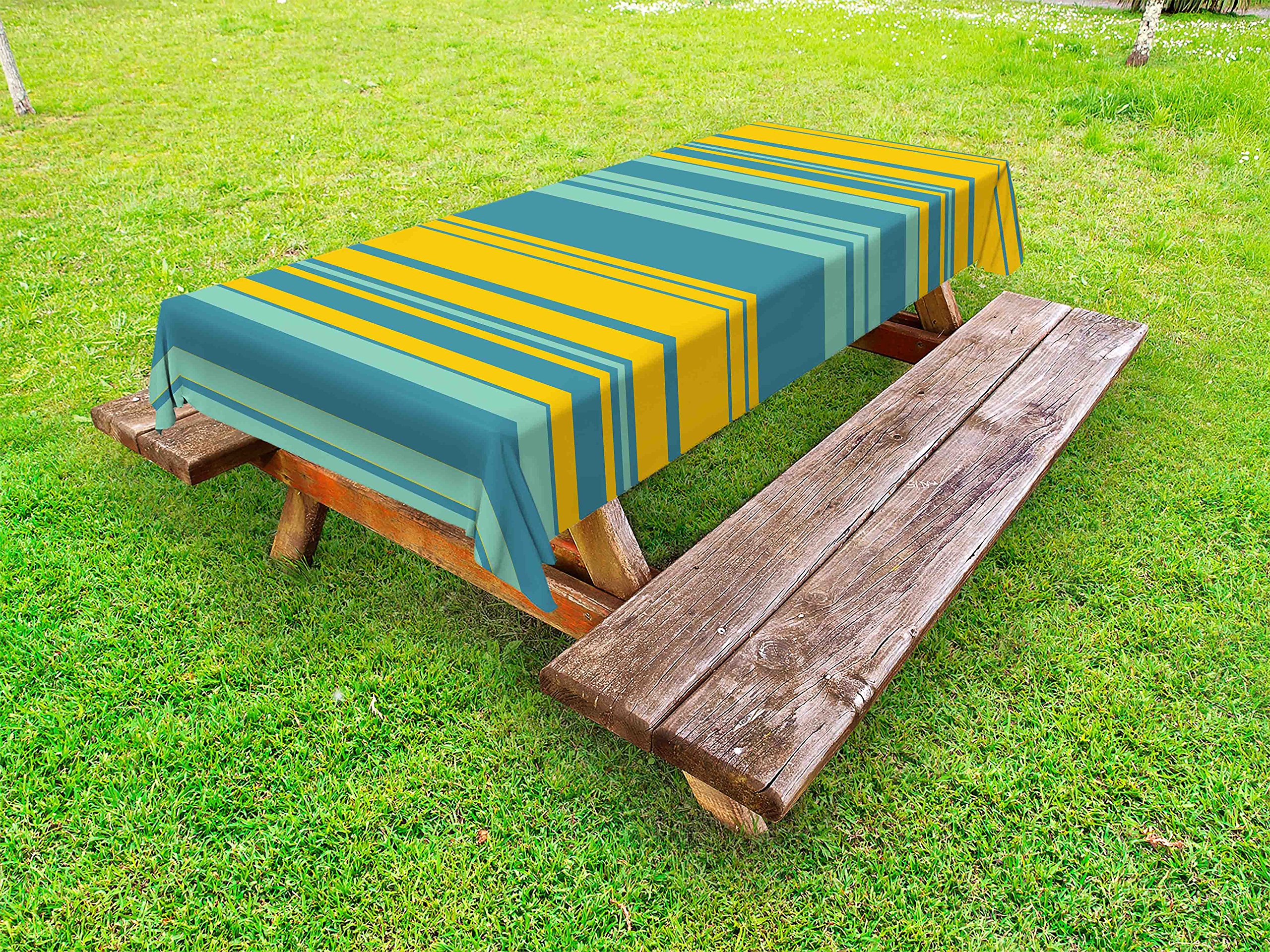 Ambesonne Yellow and Blue Striped Outdoor Tablecloth - Waterproof Modern Abstract Picnic Table Cover 58x104 Inches - Perfect for BBQs, Beach Parties, and Garden Dining - Teal Turquoise Washable Decorative Cloth