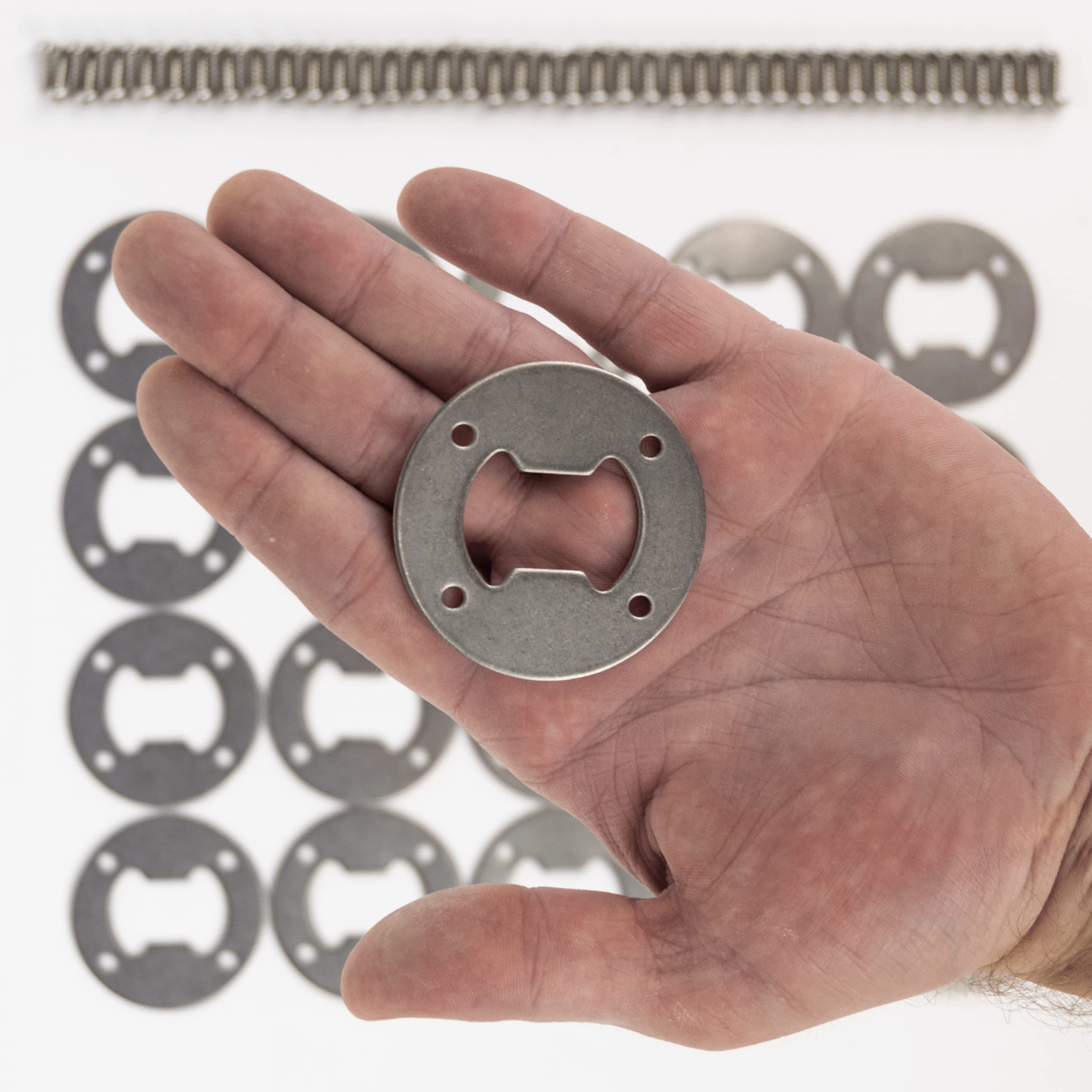 10-Pack Stainless Steel Bottle Opener Hardware Kit with Round Inserts & 4 SS Screws - Perfect for Woodturning, DIY Projects, and Home Bar Accessories