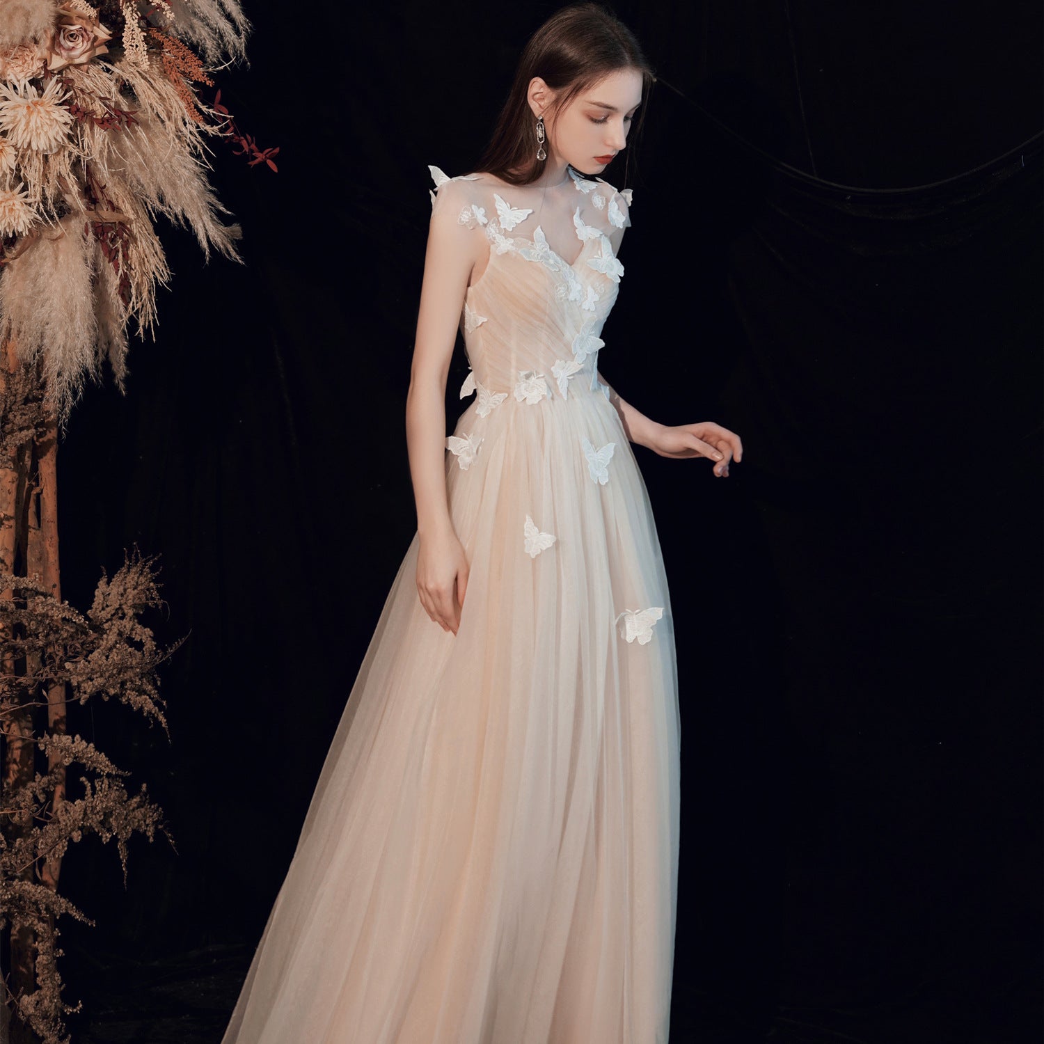 Elegant Light Champagne A-Line Butterfly Tulle Prom Dress for Fairy Formal Party | Homecoming, Quinceañera, Wedding Guest Gown (Style 317)