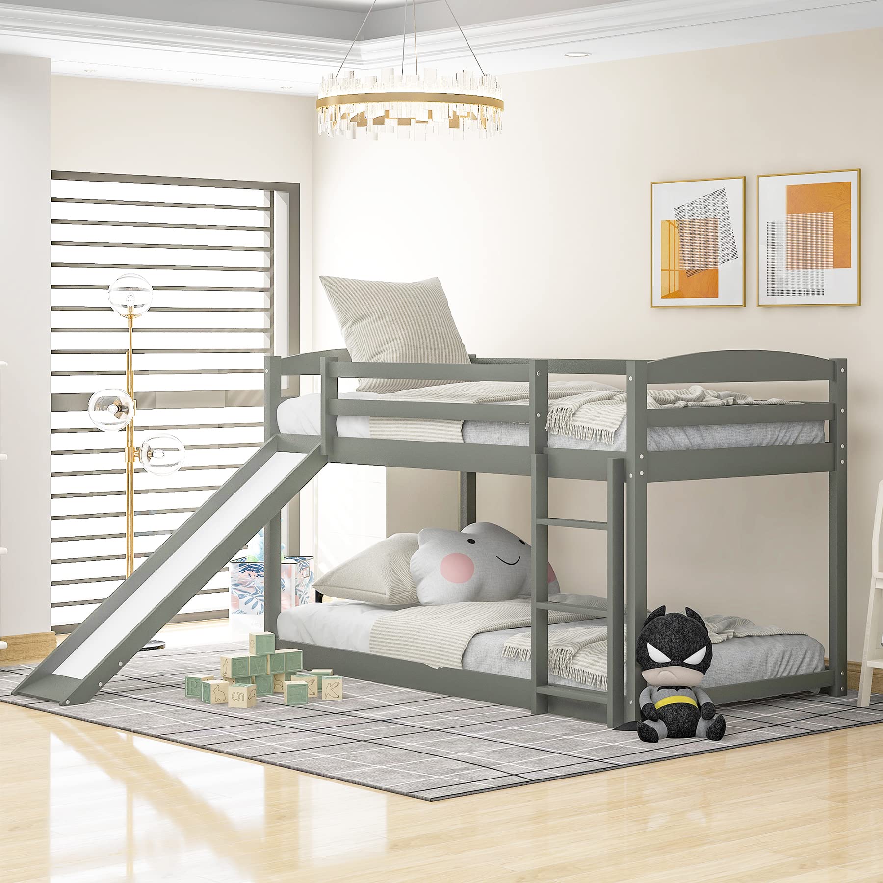 Twin Over Twin Bunk Bed with Slide & Ladder - Solid Wood Low Floor Bunk Bed with Slat Support - Space Saving Kids Bedroom Furniture - No Box Spring Needed - Perfect for Small Rooms & Shared Kids Bedrooms (Gray)