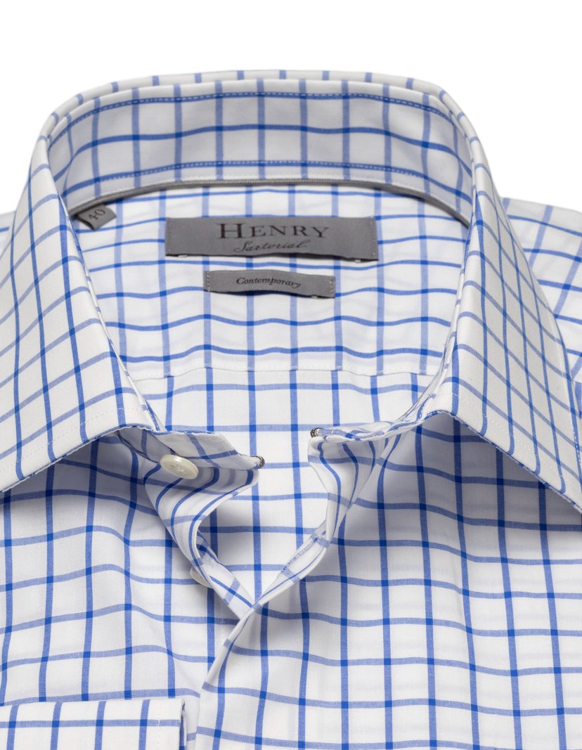 HENRY SARTORIAL Men's Classic Blue Check Cotton Dress Shirt - Slim Fit Button Down Oxford Shirt for Business Casual & Office Wear