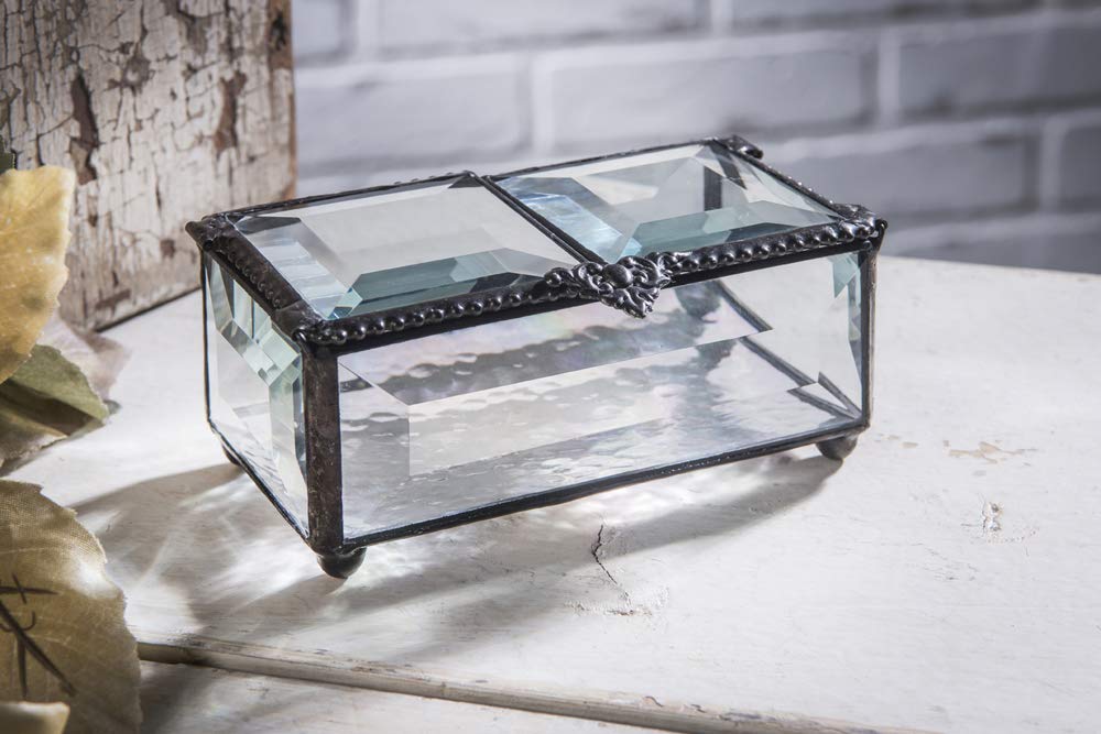 Elegant Clear Beveled Glass Jewelry Box with Double Hinges - Perfect Gift for Mom, Women, Brides & Special Occasions | Decorative Keepsake Storage for Rings, Necklaces & Treasures | J Devlin Box 676
