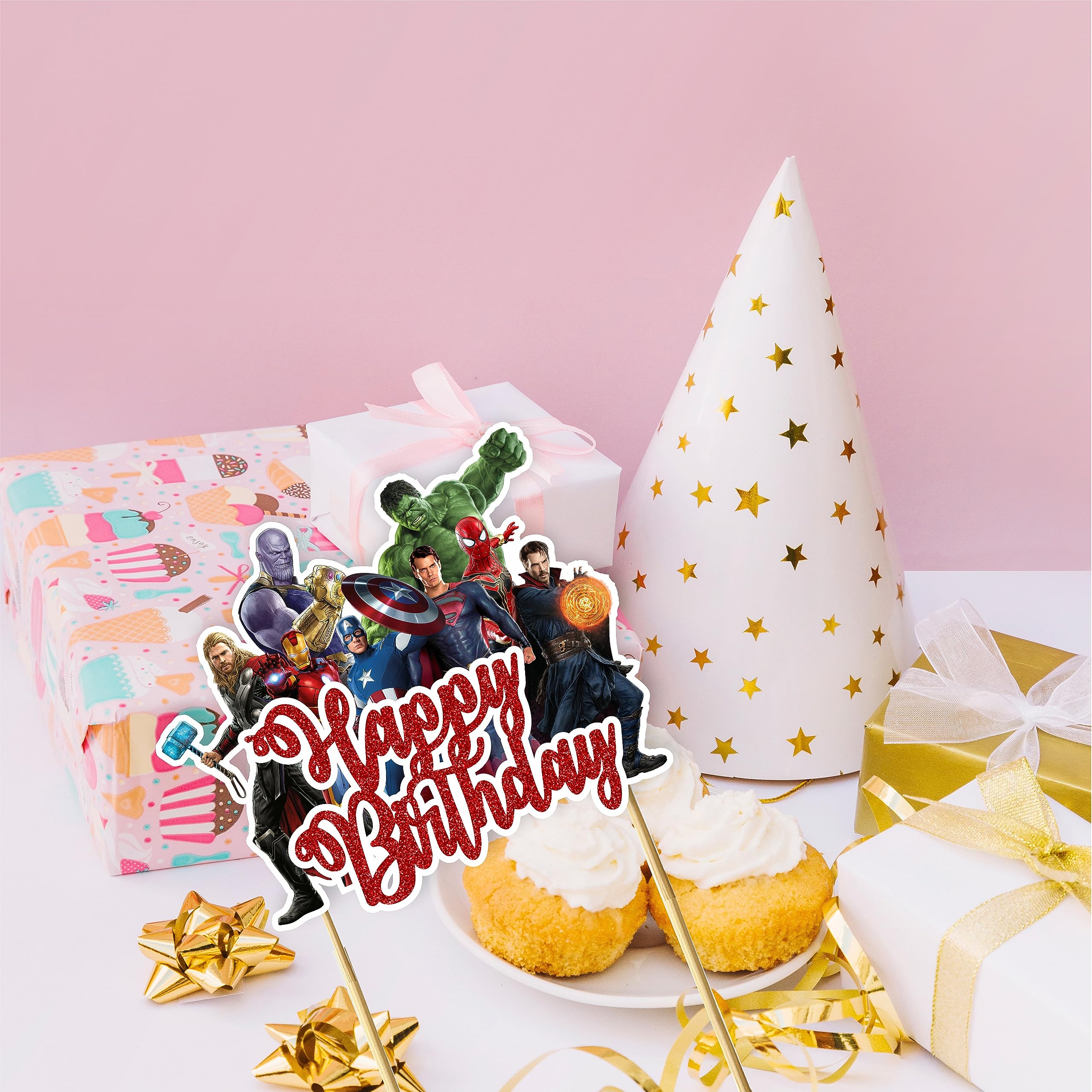 Superhero Happy Birthday Cake Topper - Premium Birthday Party Decorations for Superhero Theme Cakes, Cupcakes & Desserts - Perfect for Kids' Birthday Parties, Superhero Celebrations & Special Events