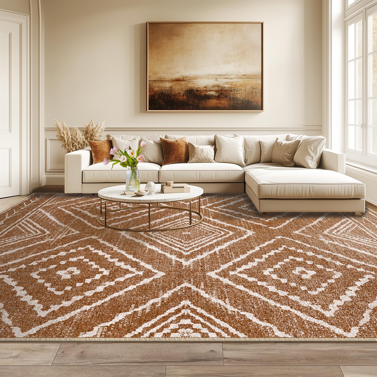 BESTSWEETIE 8x10 Washable Non-Slip Low Pile Area Rug - Western Aztec Print Pattern for Living Room, Bedroom, Entryway - Yellow Brown & Cream - Perfect for Home Decor, Dorm, Office & High Traffic Areas