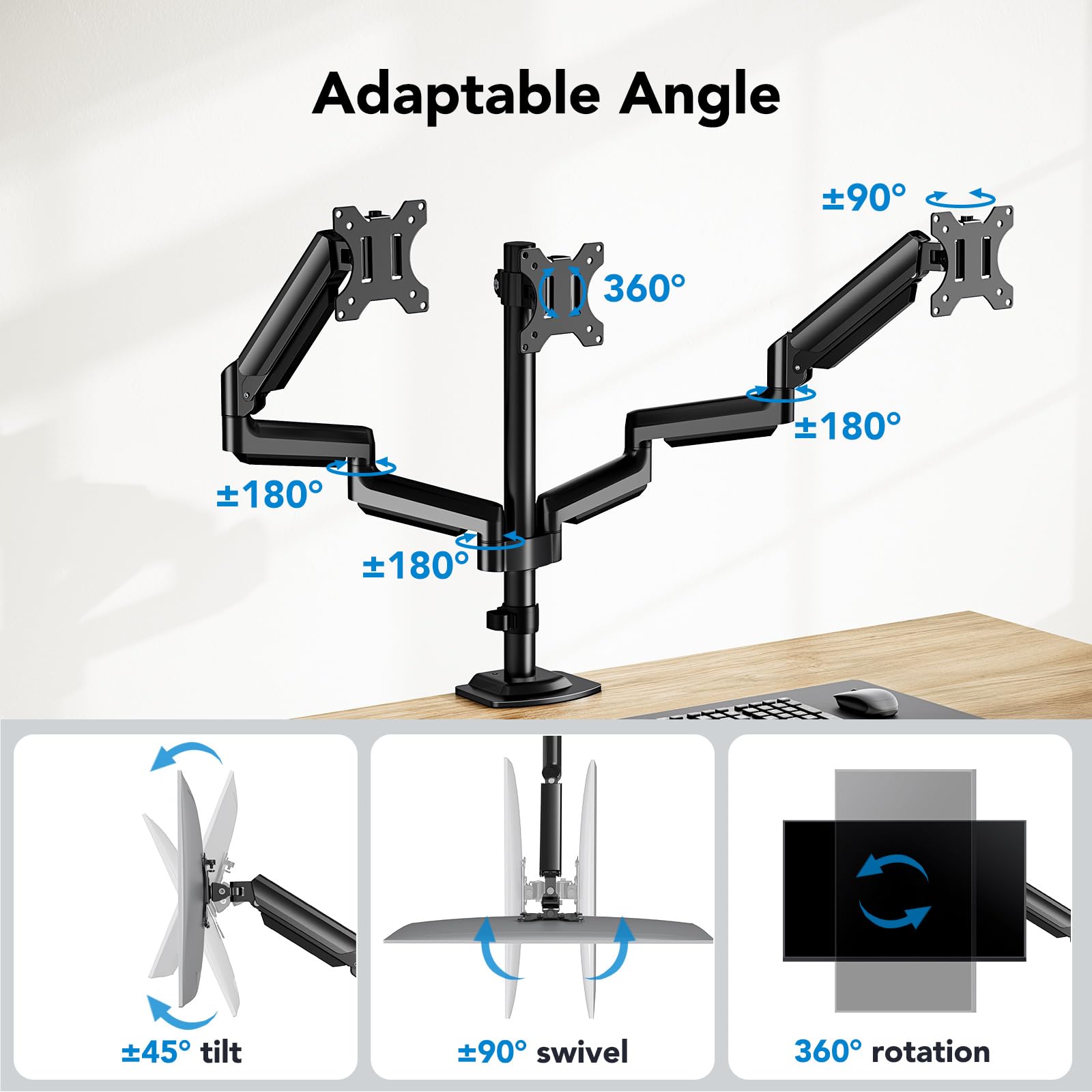 HUANUO Triple Monitor Stand for 13-27 Inch Screens - Adjustable Gas Spring Arm Holds 17.6lbs - Full Motion Tilt, Swivel & Rotation - VESA 75x75/100x100mm - Perfect for Gaming, Office & Home Workstations