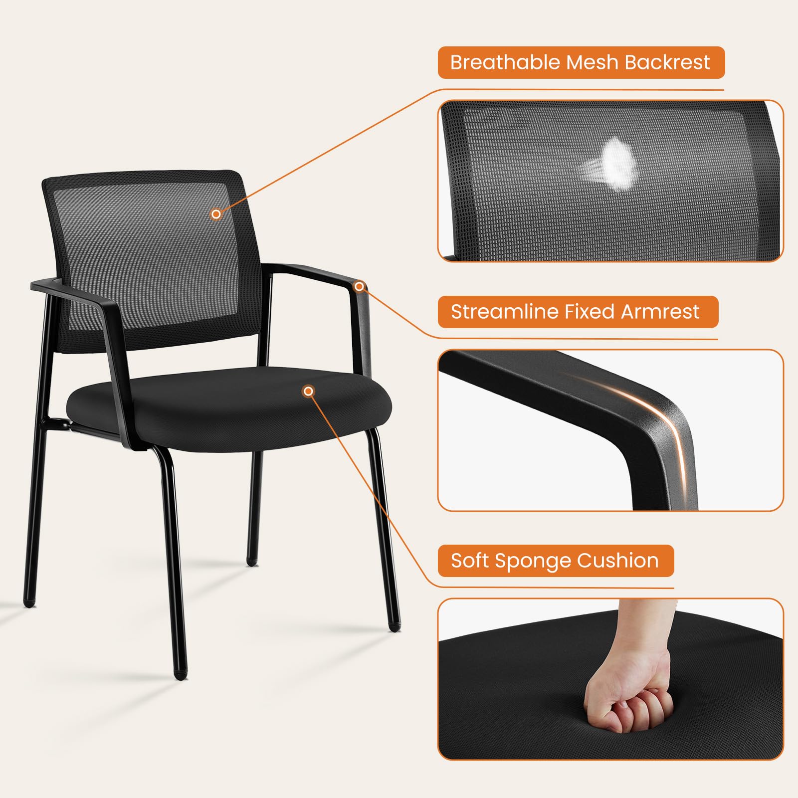 SweetCrispy Mesh Back Stacking Arm Chairs - 2 Pack Black Upholstered Fabric Office Chairs with Sturdy Metal Frame for Home, School, Party & Church | Indoor & Outdoor Use | Easy to Store & Stack | Perfect for Dining Rooms, Classrooms, Events & Patio Seating