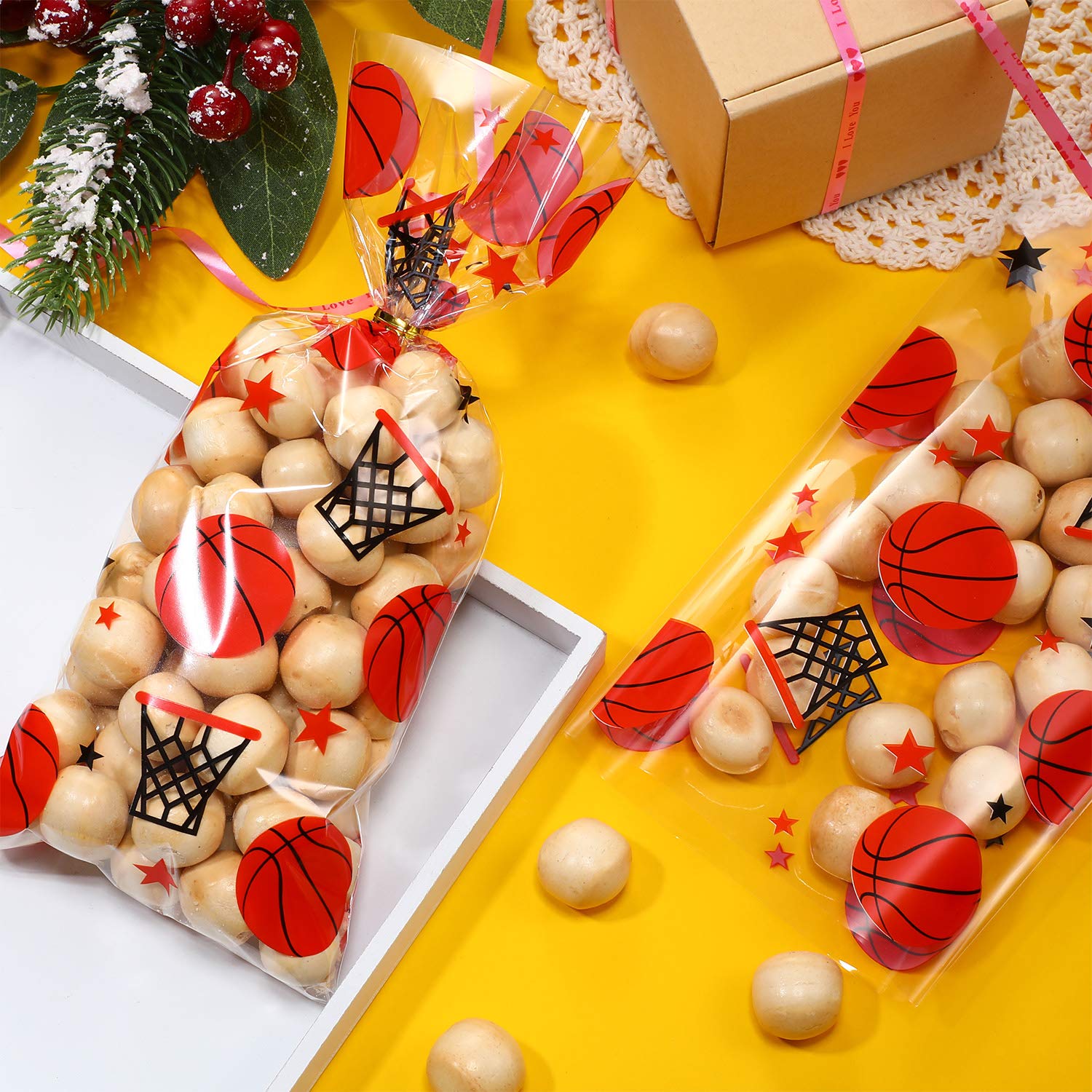 Blulu 100 Pack Basketball Party Favor Bags with Gold Twist Ties - Sports Themed Candy Goodie Bags for Birthday, Game Day & Team Celebration Treats