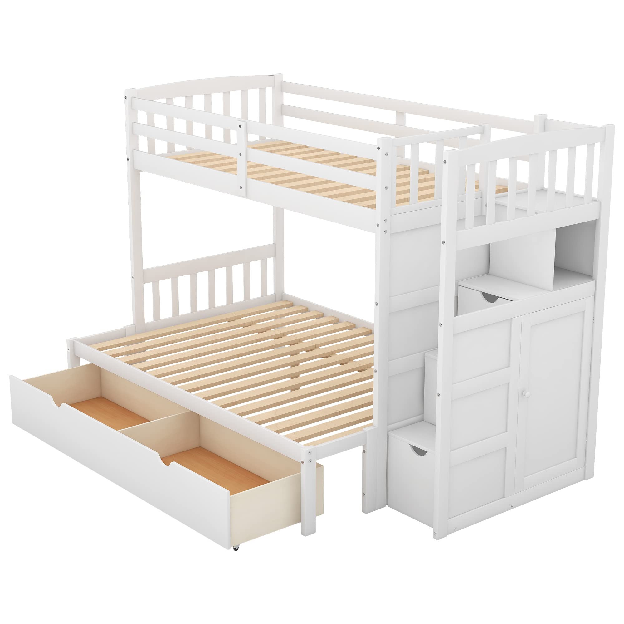Harper & Bright Designs Twin Over Twin/Full Bunk Bed with Stairway - Convertible Bottom Bed, Wooden Bunk Bed with Storage Shelves & Drawers (White) - Perfect for Kids' Bedroom, Space-Saving Solution for Small Rooms & Shared Bedrooms