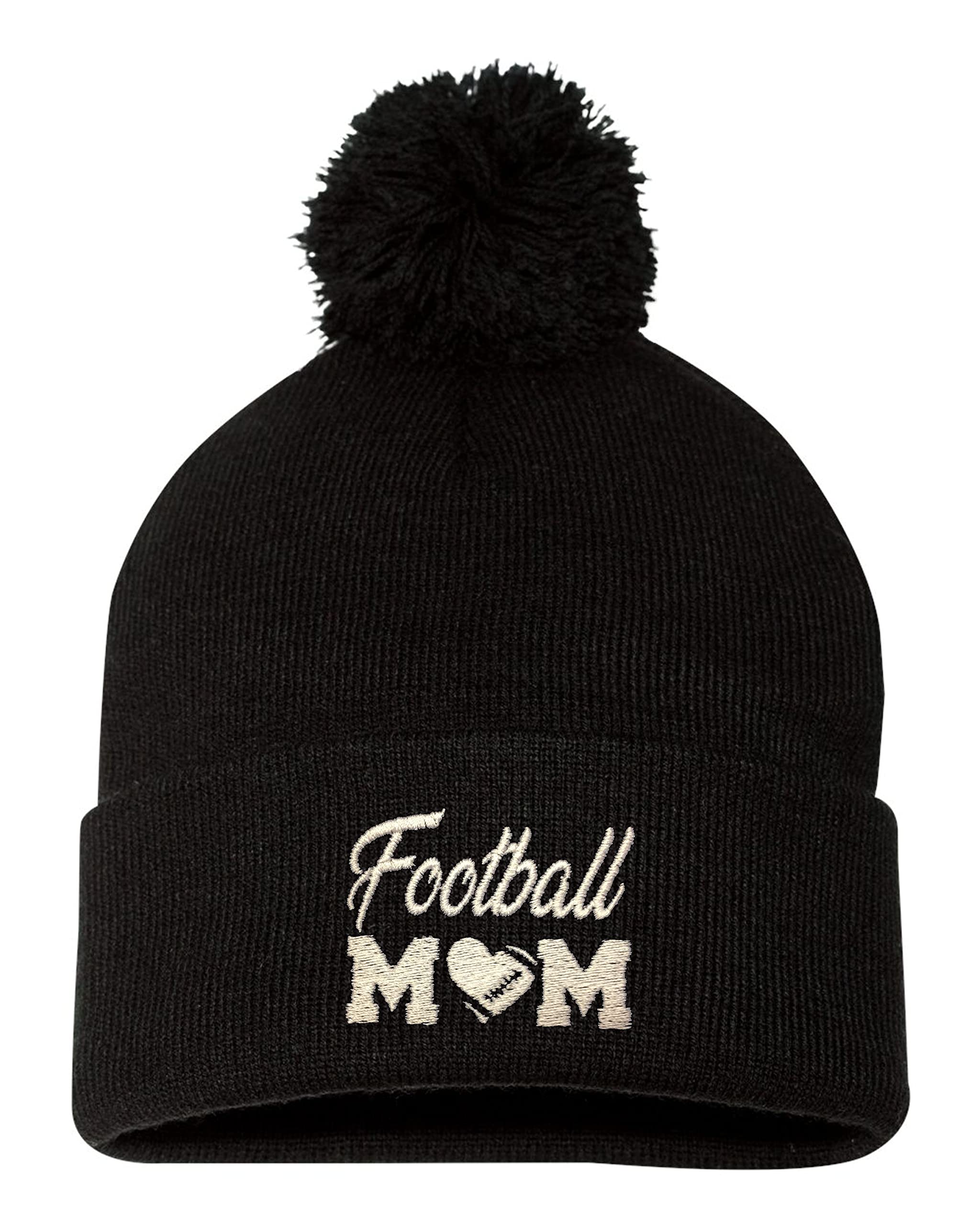 Go All Out Adult Football Mom Embroidered Knit Beanie with Pom Pom - Warm Winter Hat for Football Games, Tailgating & Outdoor Sports